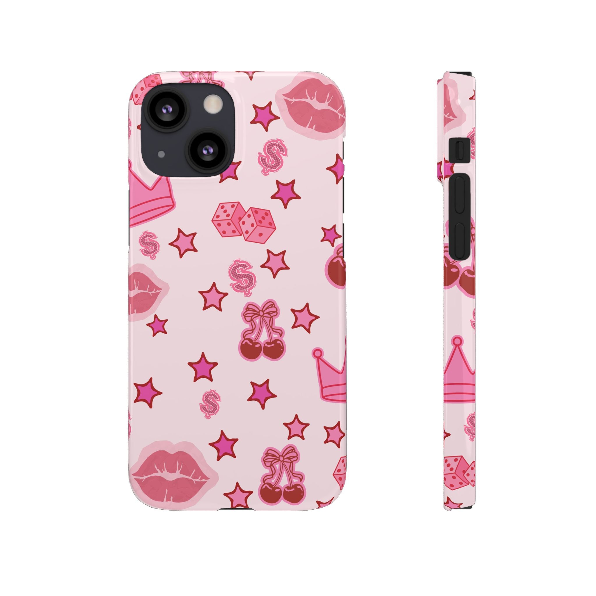 Pink Kawaii Icons Phone Case — Lip, Crown & Cherry Pattern Snap Case