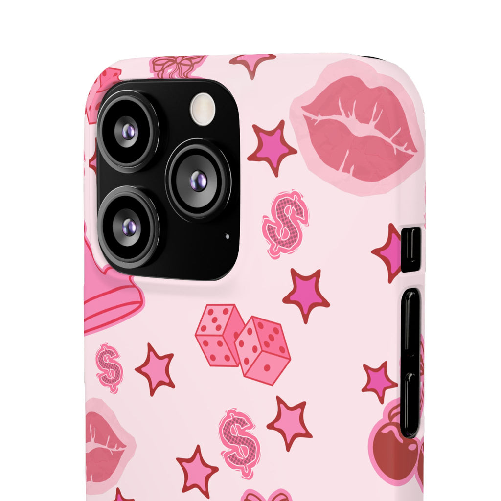 Pink Kawaii Icons Phone Case — Lip, Crown & Cherry Pattern Snap Case