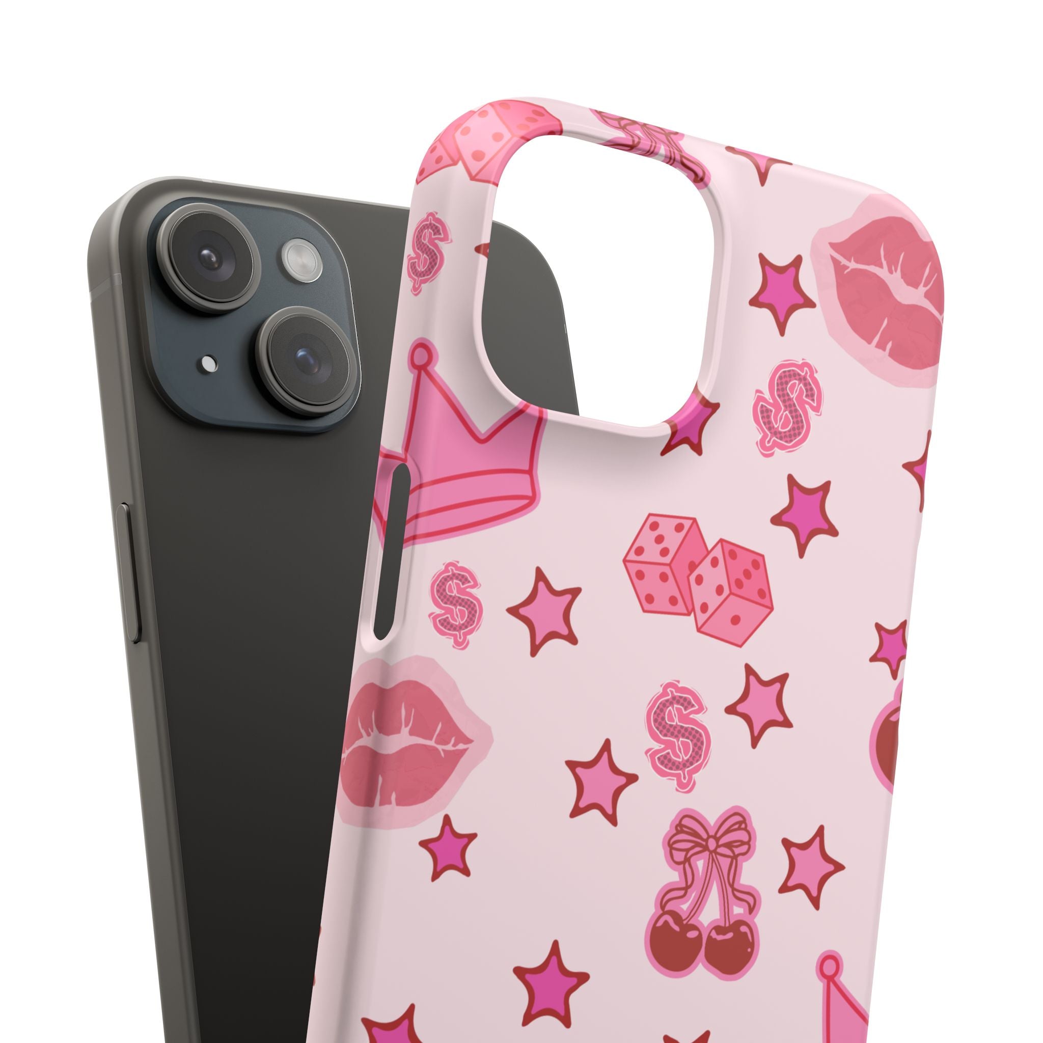 Pink Kawaii Icons Phone Case — Lip, Crown & Cherry Pattern Snap Case