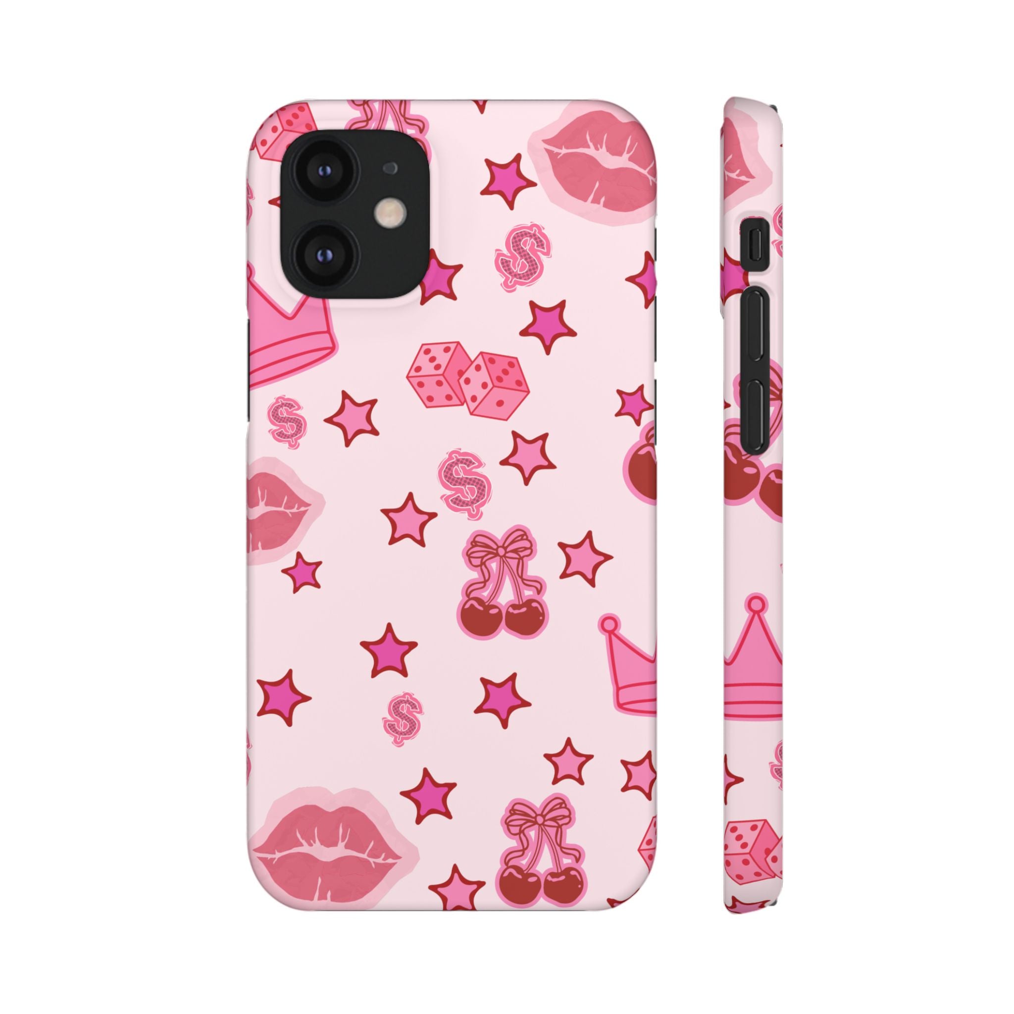 Pink Kawaii Icons Phone Case — Lip, Crown & Cherry Pattern Snap Case