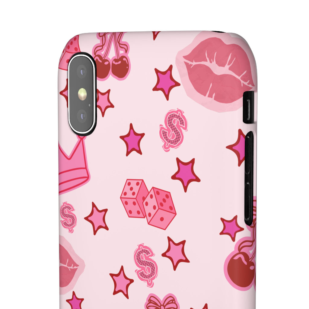 Pink Kawaii Icons Phone Case — Lip, Crown & Cherry Pattern Snap Case