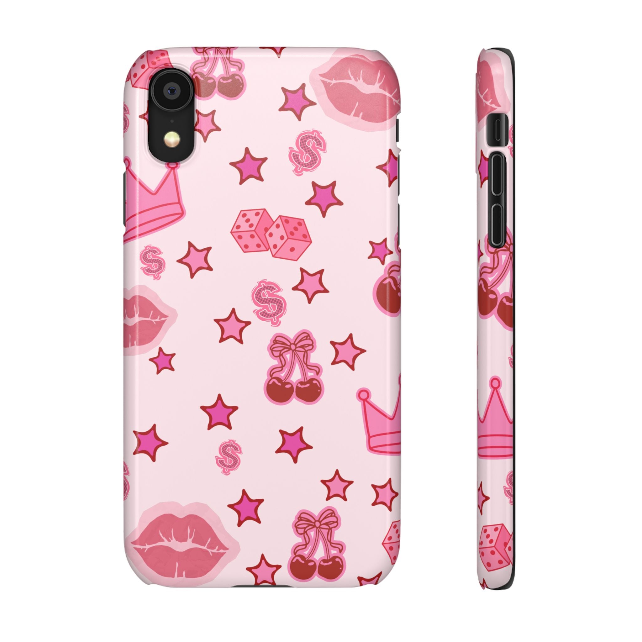 Pink Kawaii Icons Phone Case — Lip, Crown & Cherry Pattern Snap Case