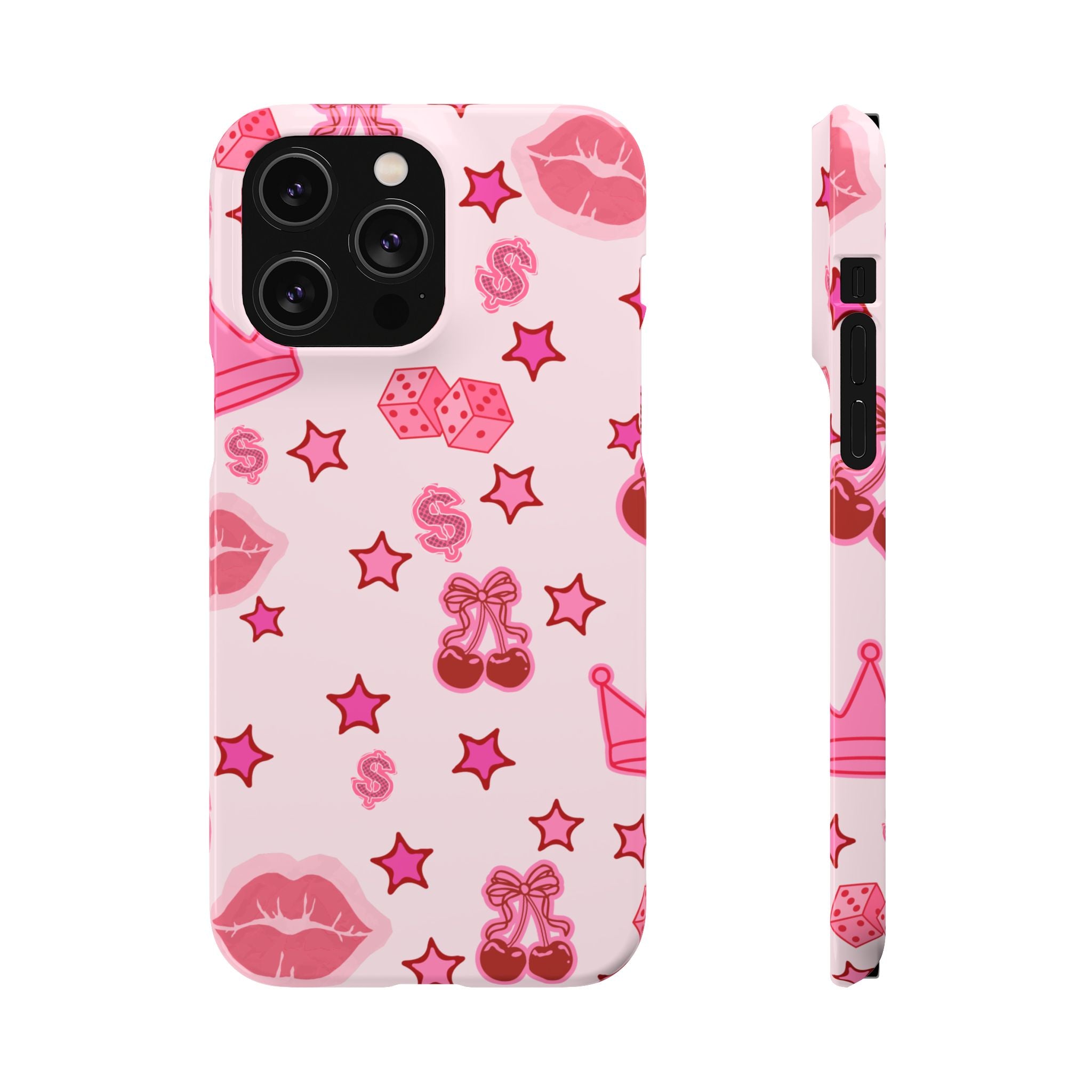 Pink Kawaii Icons Phone Case — Lip, Crown & Cherry Pattern Snap Case