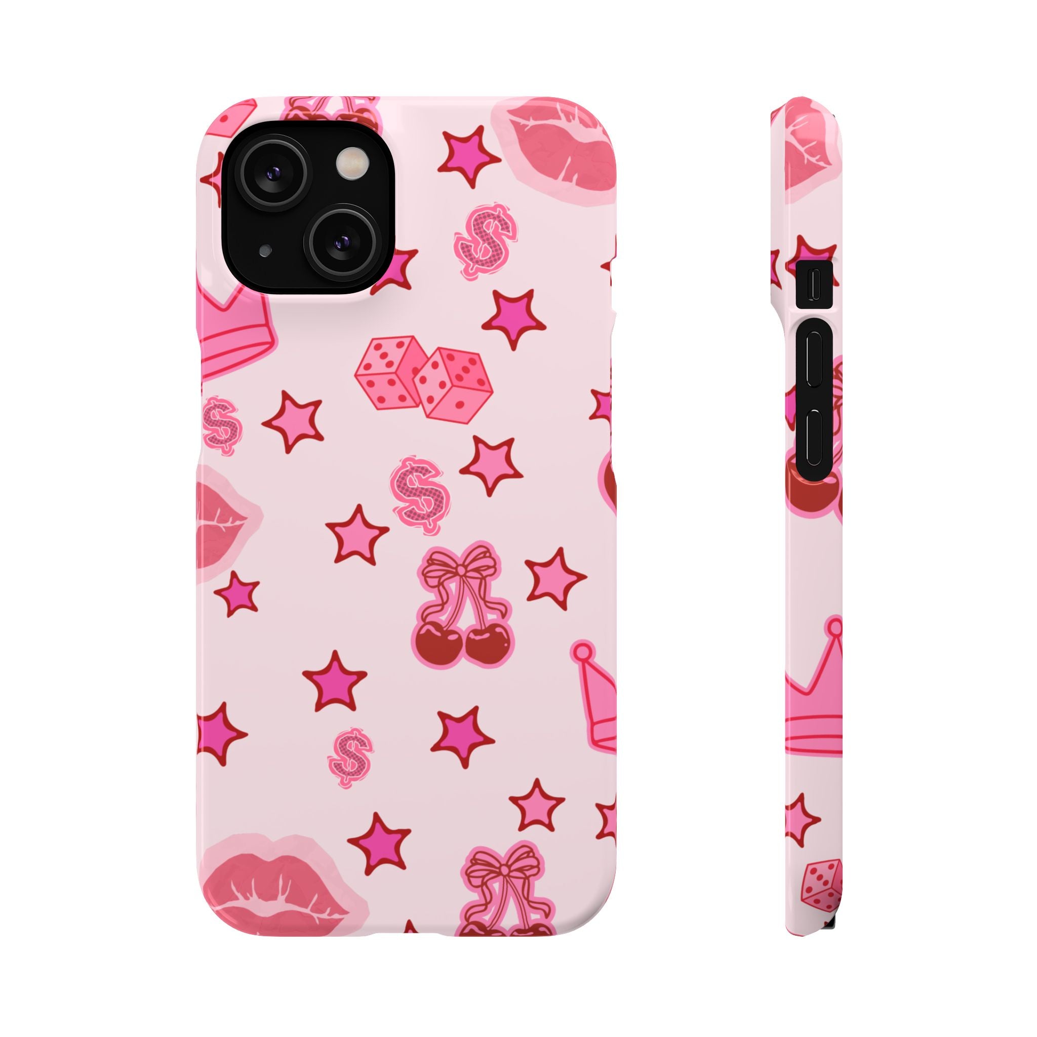Pink Kawaii Icons Phone Case — Lip, Crown & Cherry Pattern Snap Case
