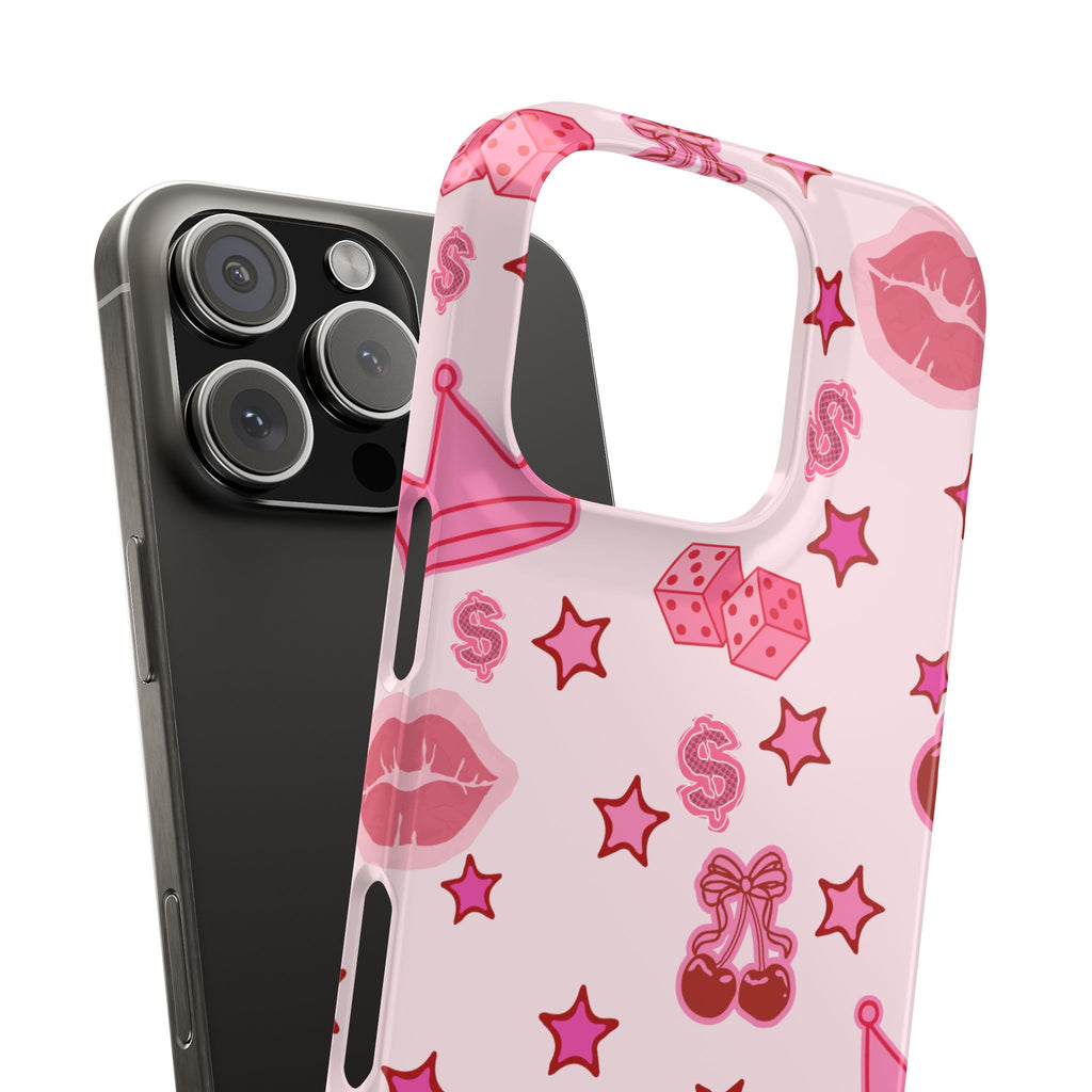Pink Kawaii Icons Phone Case — Lip, Crown & Cherry Pattern Snap Case