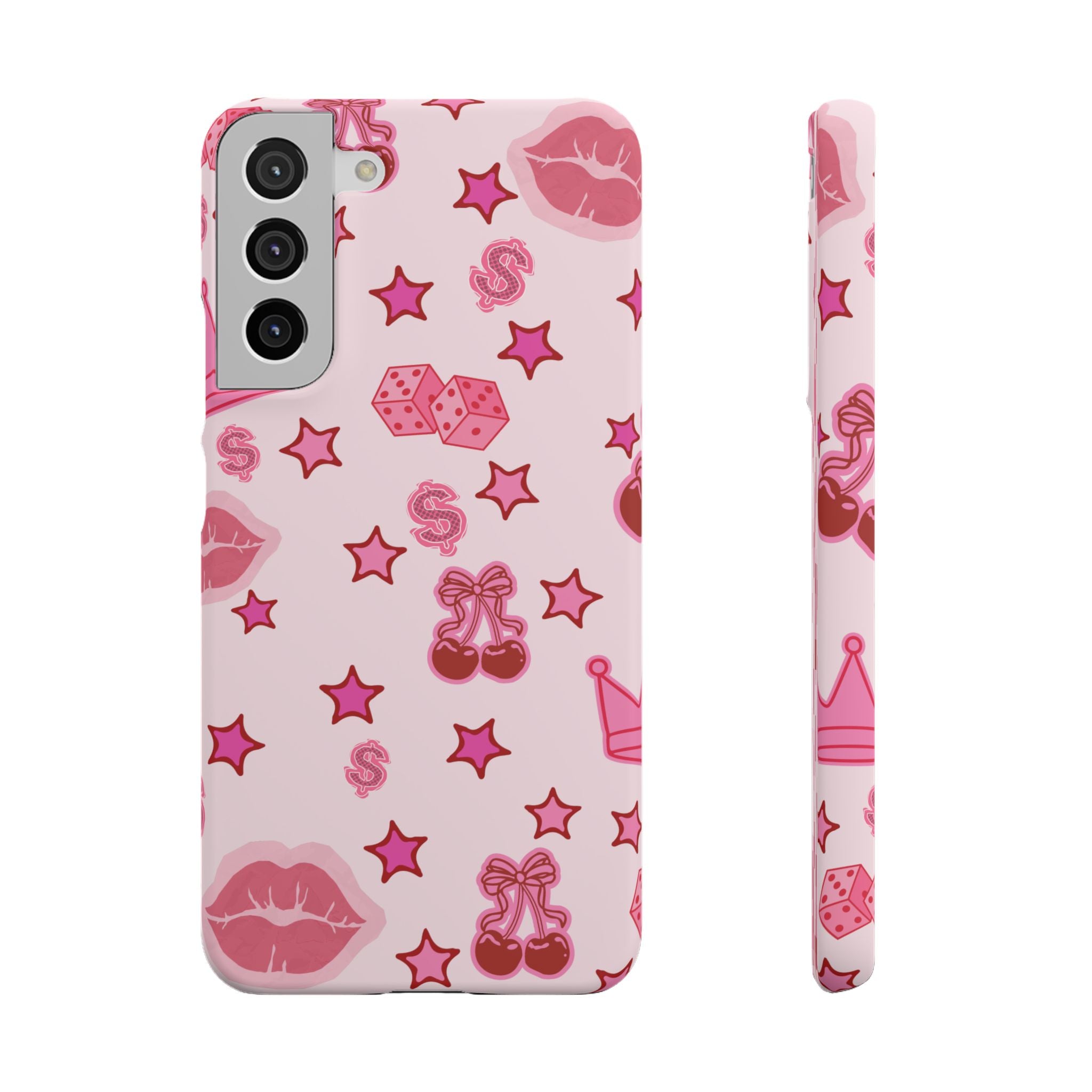 Pink Kawaii Icons Phone Case — Lip, Crown & Cherry Pattern Snap Case