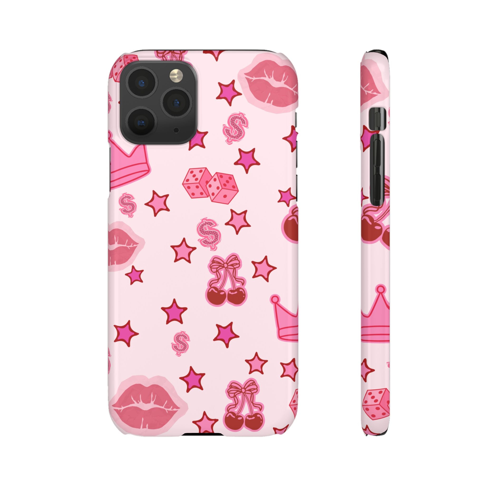 Pink Kawaii Icons Phone Case — Lip, Crown & Cherry Pattern Snap Case