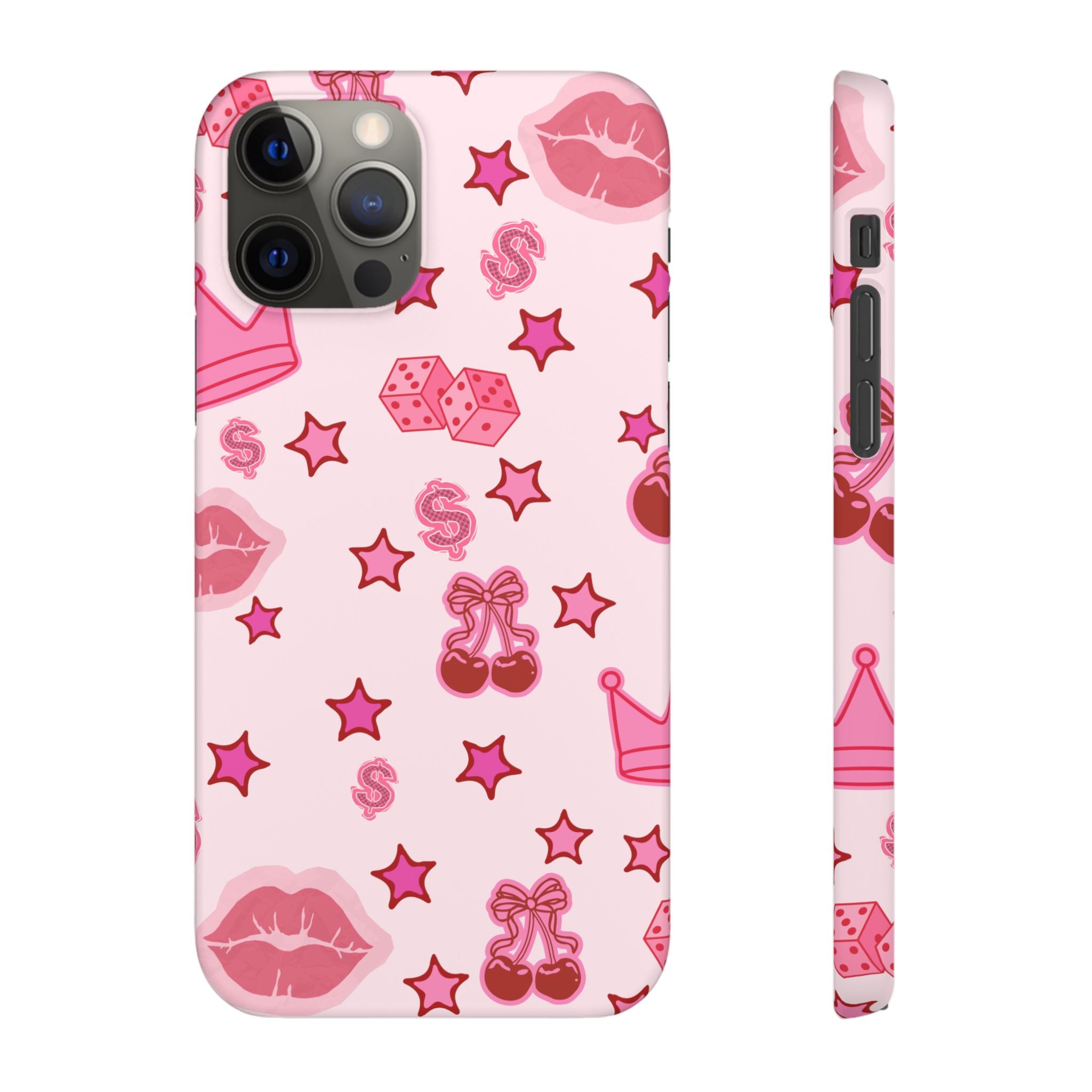 Pink Kawaii Icons Phone Case — Lip, Crown & Cherry Pattern Snap Case