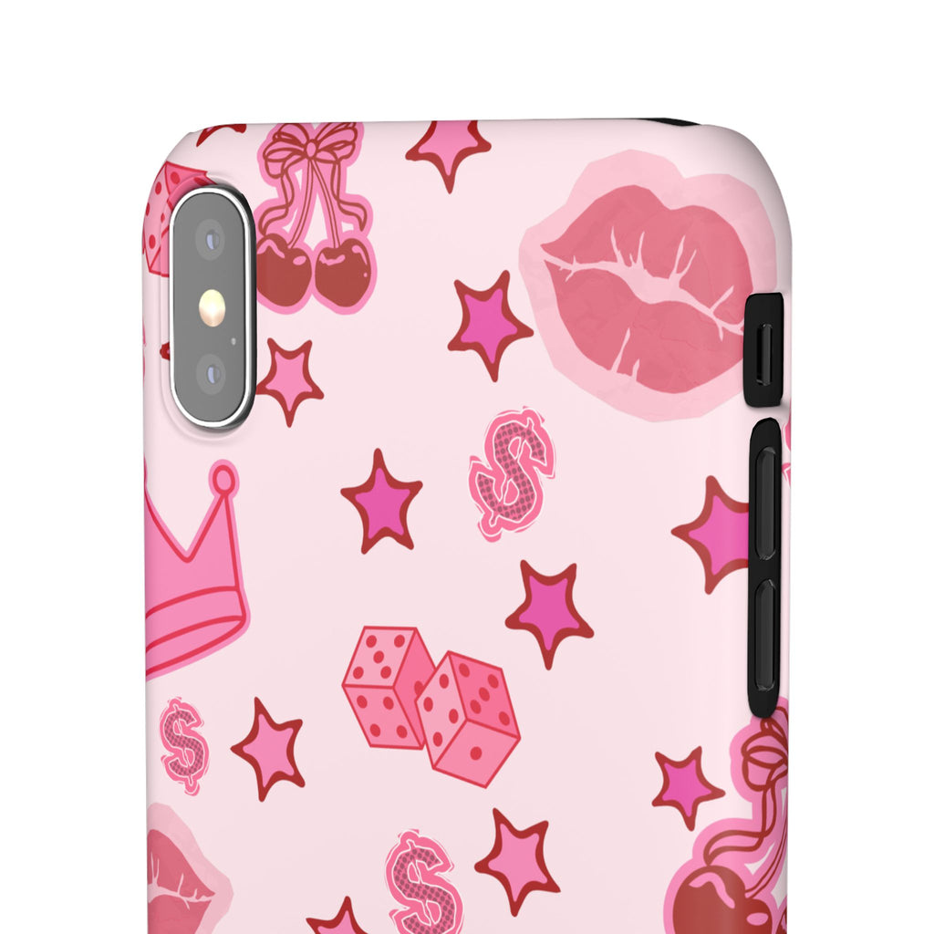 Pink Kawaii Icons Phone Case — Lip, Crown & Cherry Pattern Snap Case