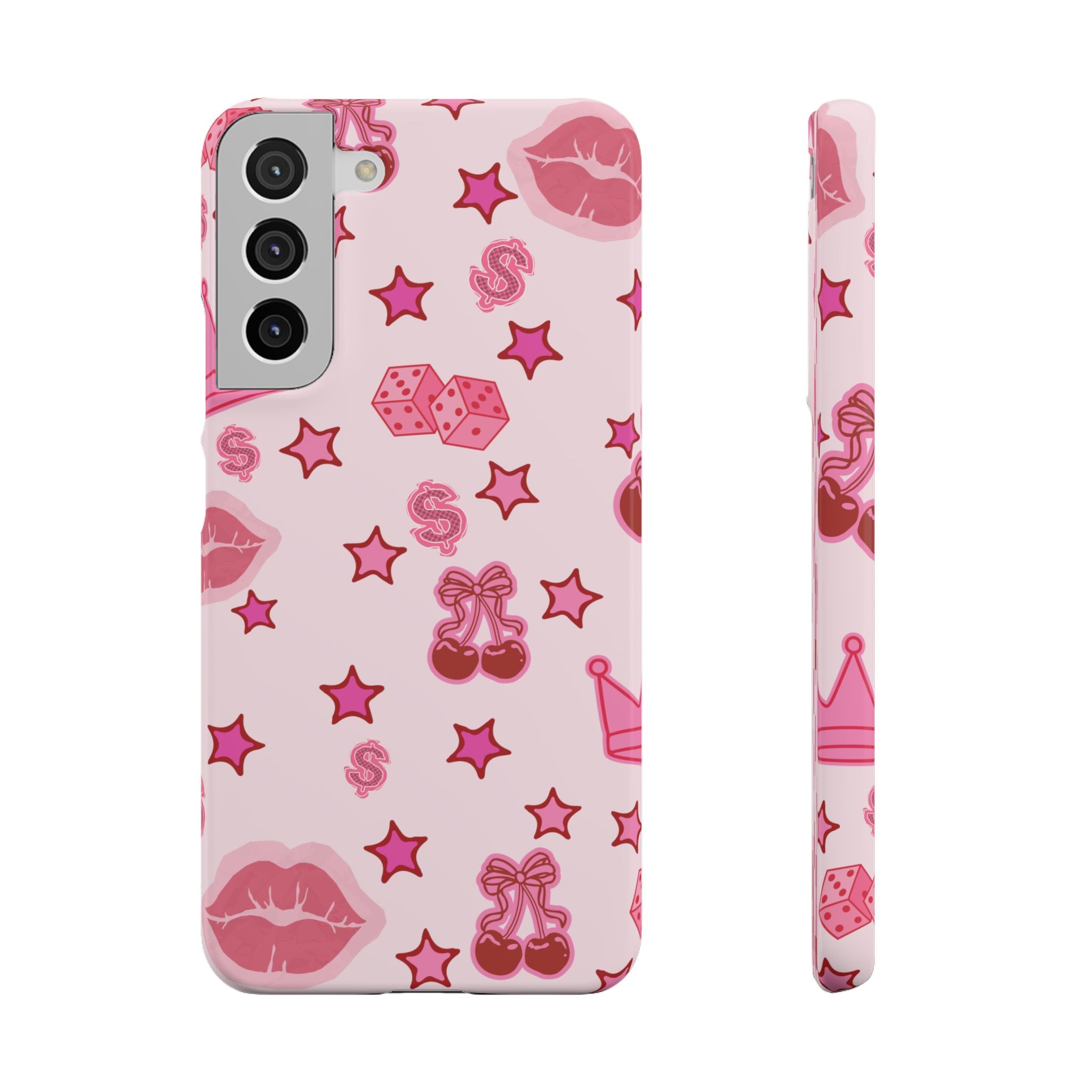 Pink Kawaii Icons Phone Case — Lip, Crown & Cherry Pattern Snap Case