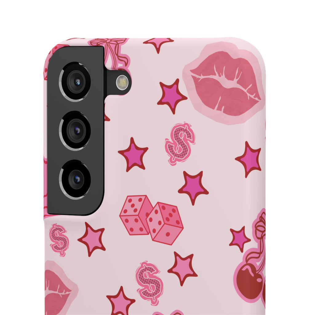 Pink Kawaii Icons Phone Case — Lip, Crown & Cherry Pattern Snap Case