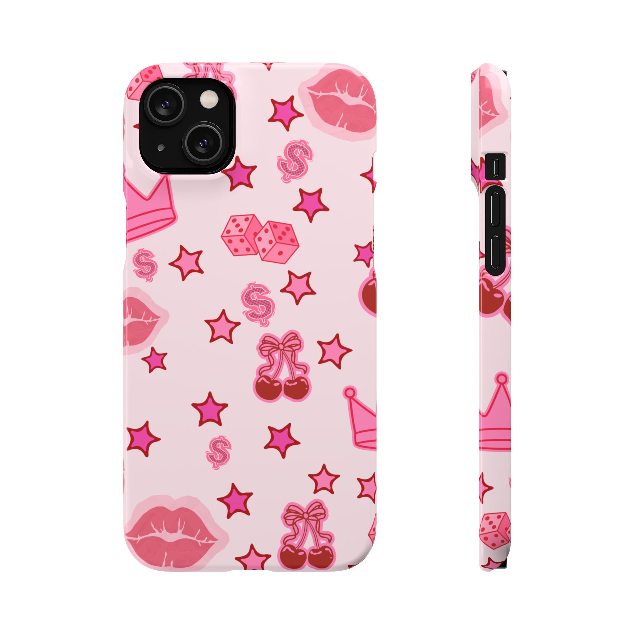 Pink Kawaii Icons Phone Case — Lip, Crown & Cherry Pattern Snap Case