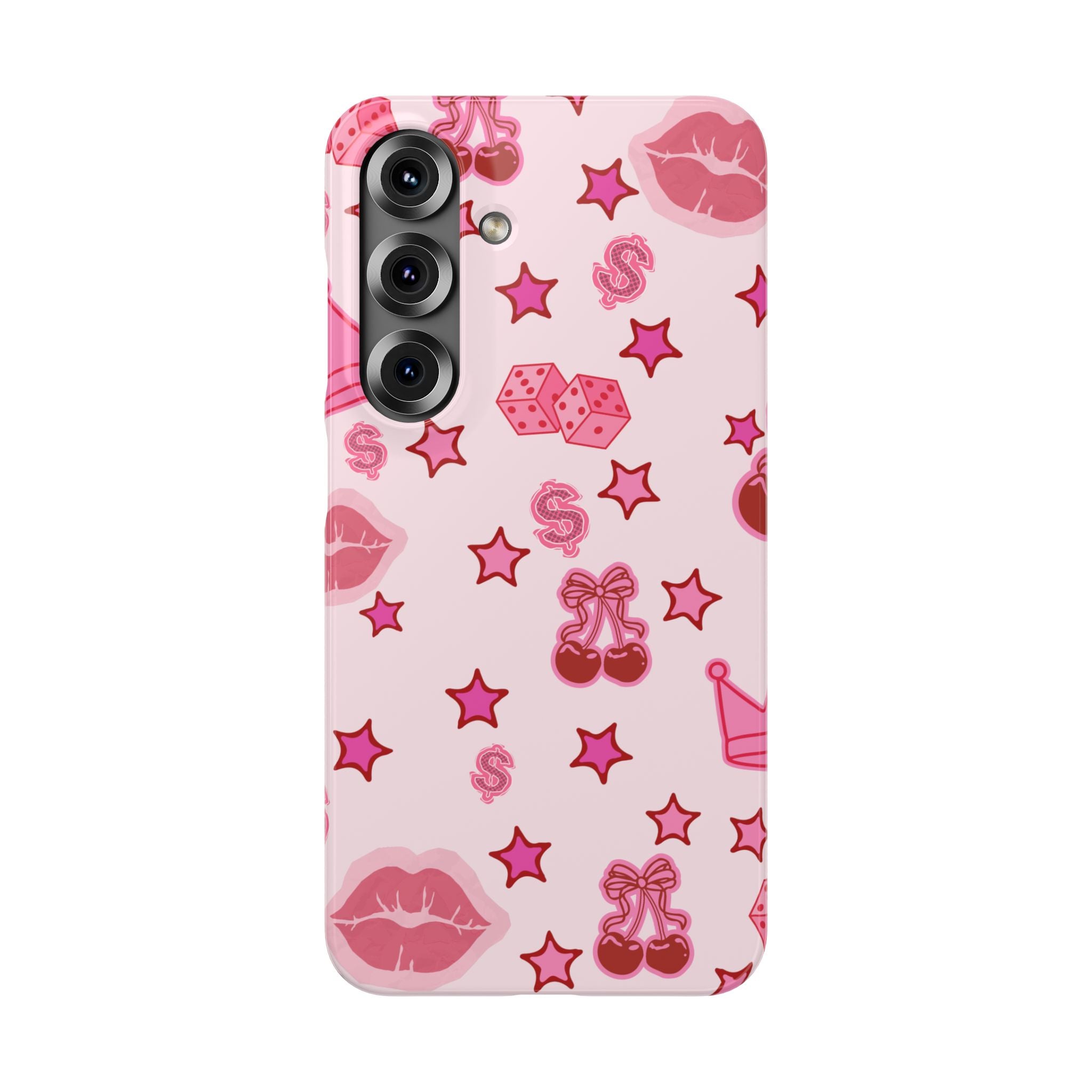 Pink Kawaii Icons Phone Case — Lip, Crown & Cherry Pattern Snap Case