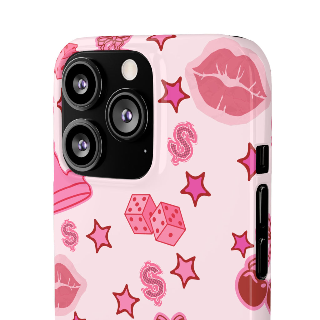 Pink Kawaii Icons Phone Case — Lip, Crown & Cherry Pattern Snap Case