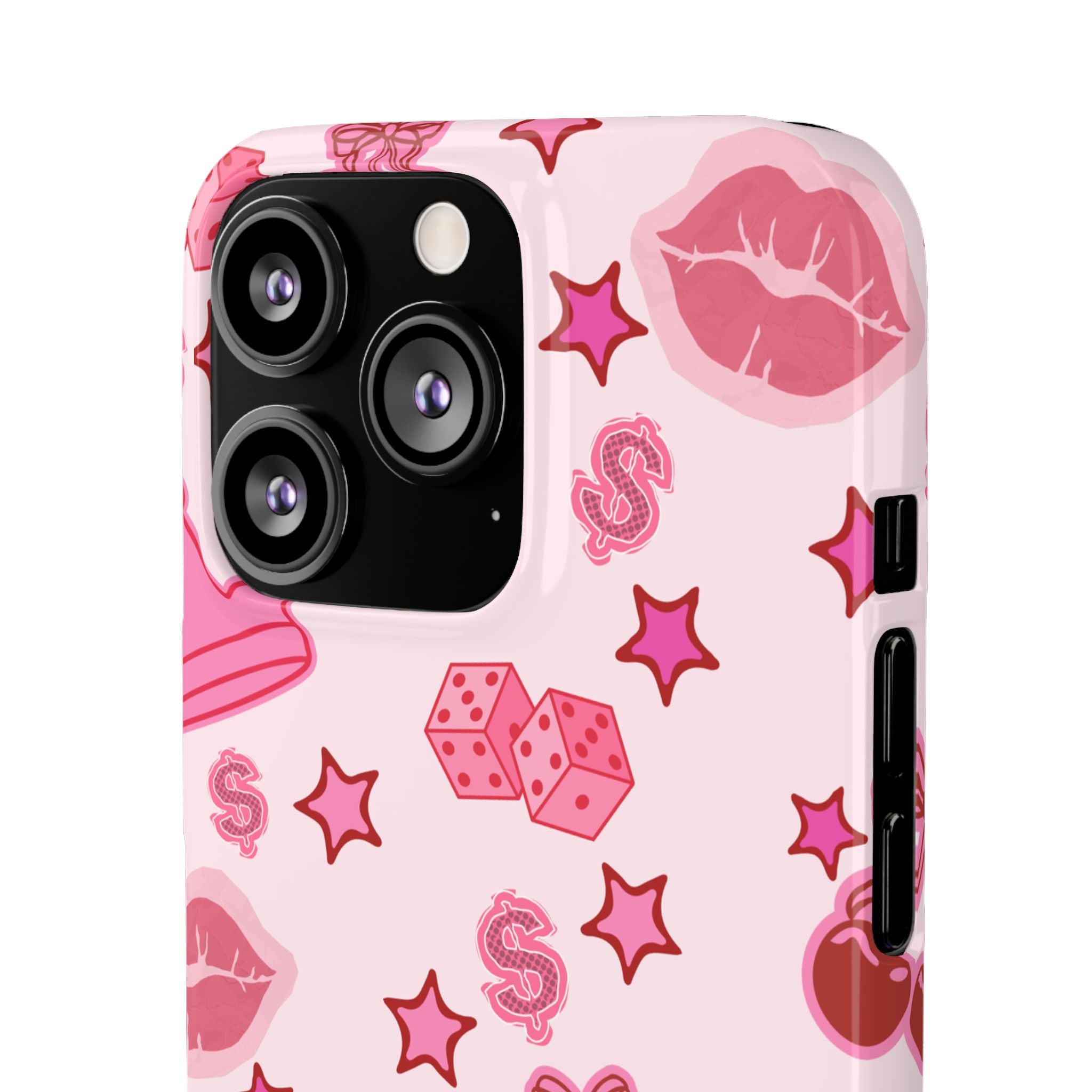 Pink Kawaii Icons Phone Case — Lip, Crown & Cherry Pattern Snap Case