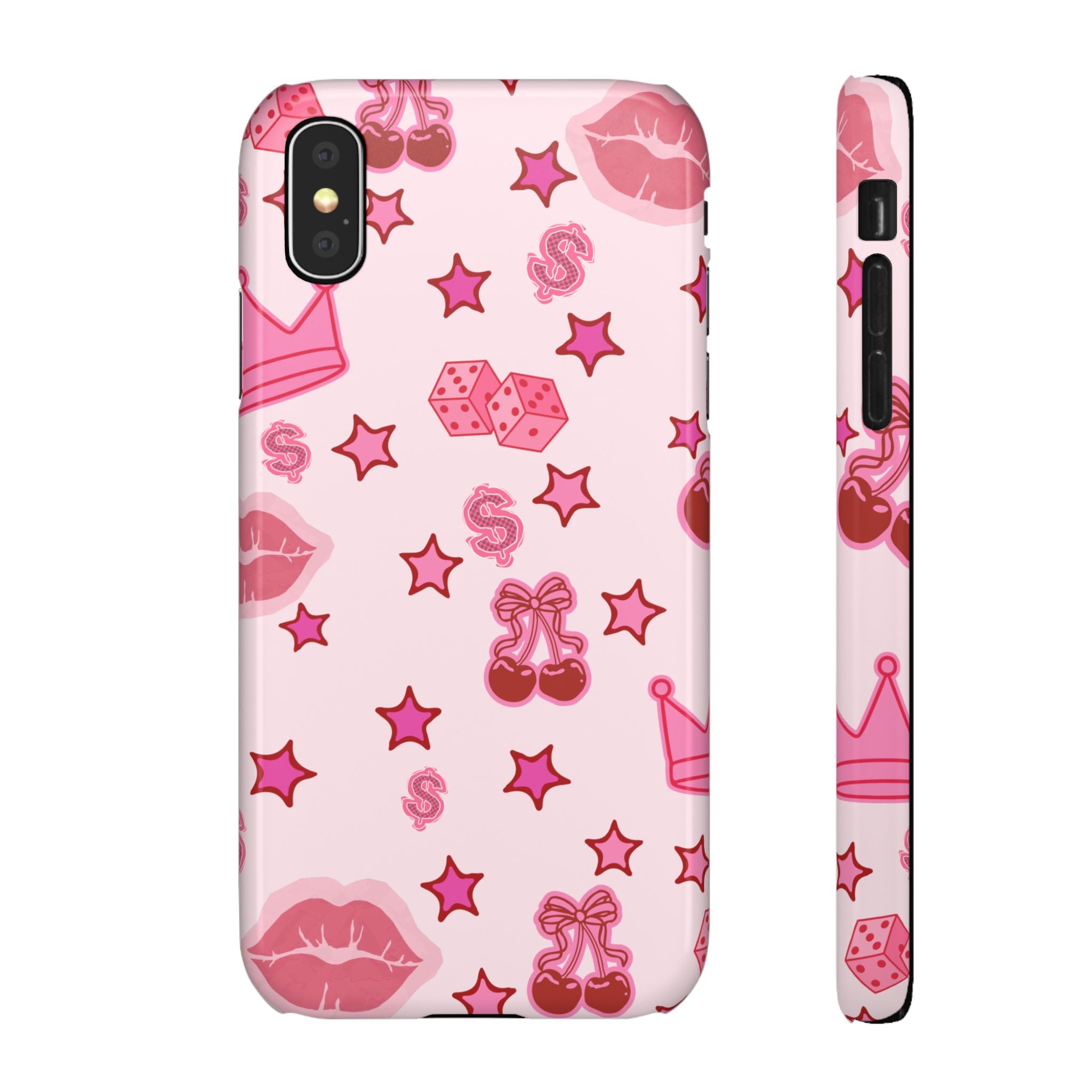 Pink Kawaii Icons Phone Case — Lip, Crown & Cherry Pattern Snap Case