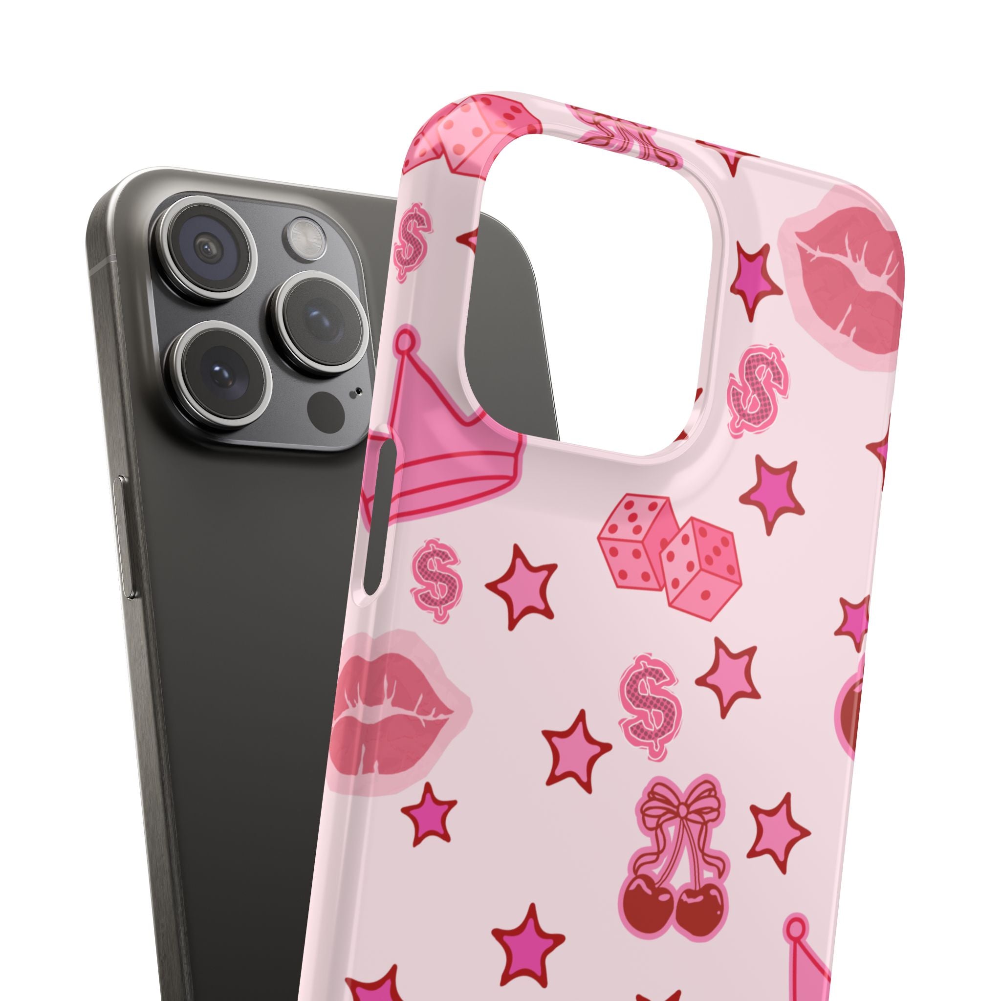 Pink Kawaii Icons Phone Case — Lip, Crown & Cherry Pattern Snap Case