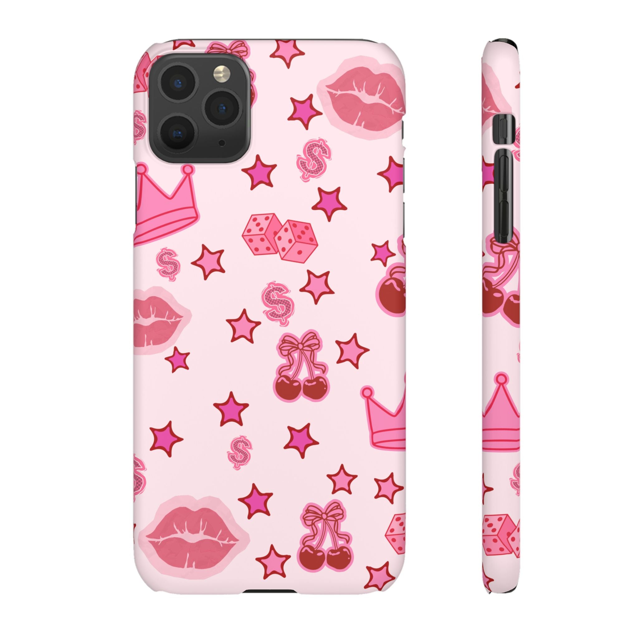 Pink Kawaii Icons Phone Case — Lip, Crown & Cherry Pattern Snap Case