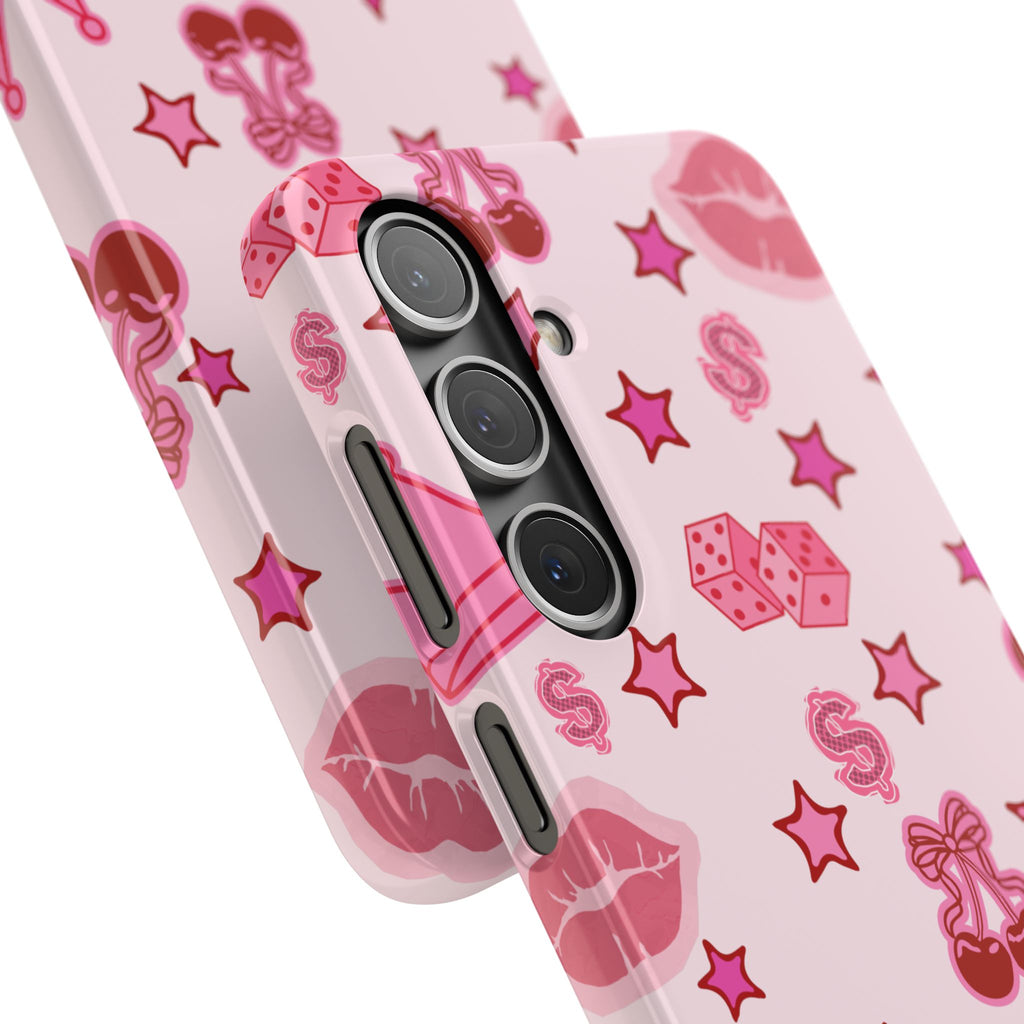 Pink Kawaii Icons Phone Case — Lip, Crown & Cherry Pattern Snap Case