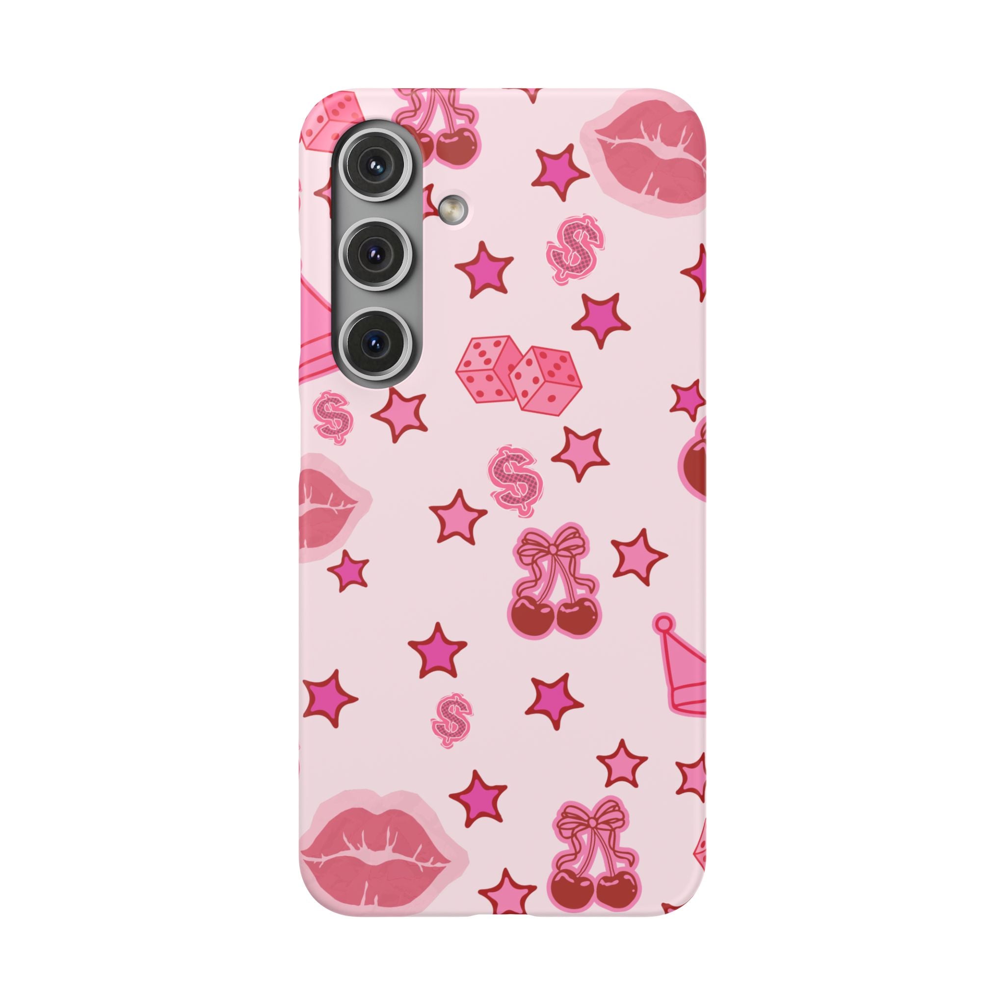 Pink Kawaii Icons Phone Case — Lip, Crown & Cherry Pattern Snap Case