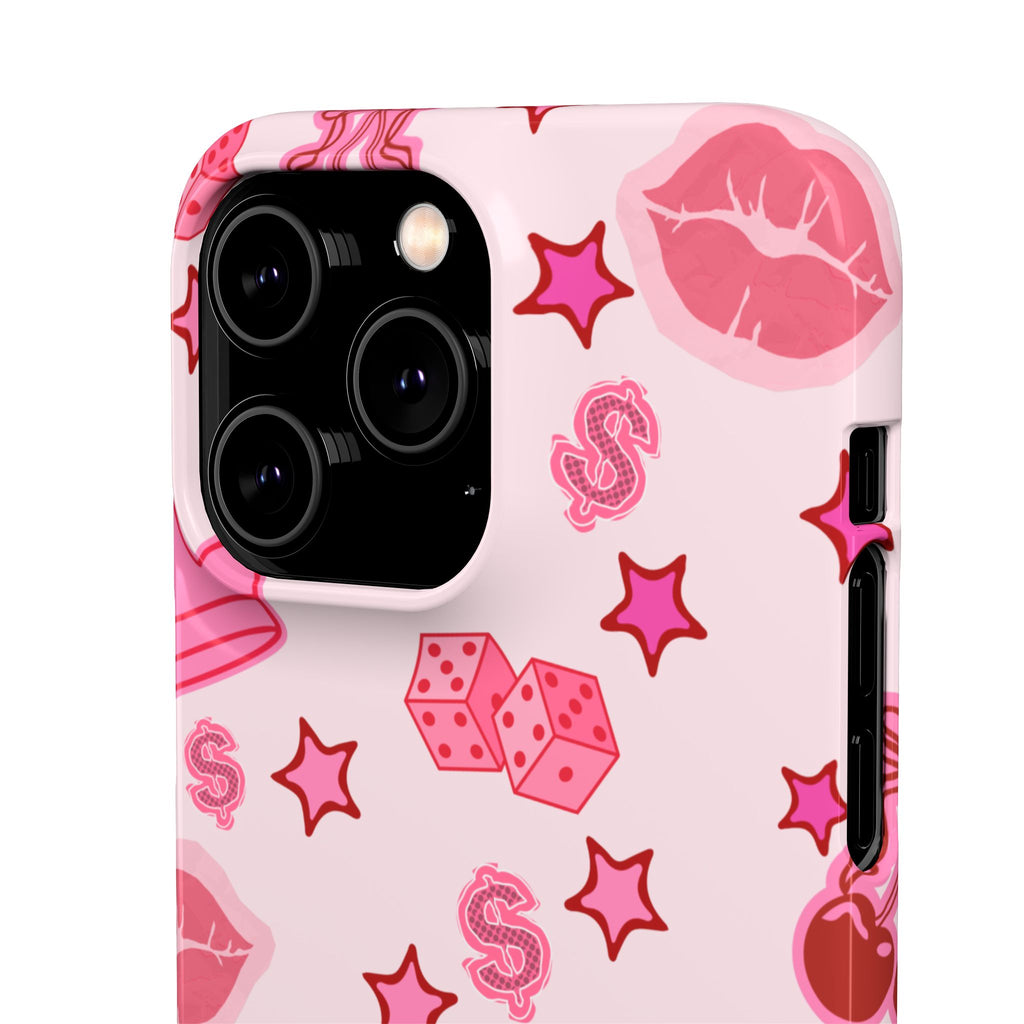 Pink Kawaii Icons Phone Case — Lip, Crown & Cherry Pattern Snap Case