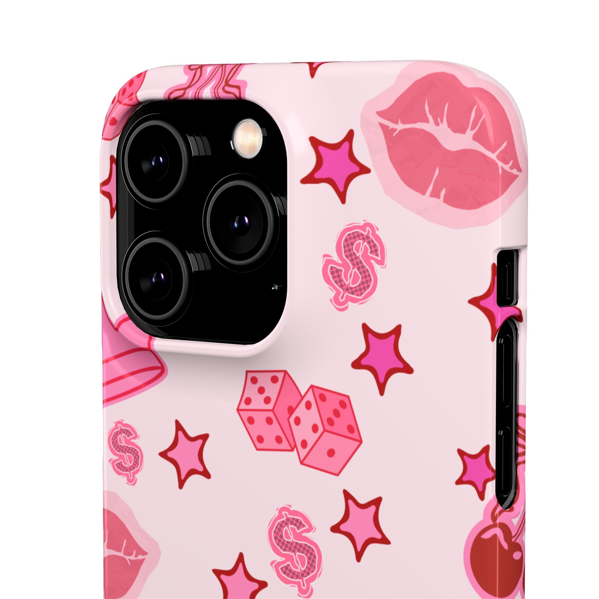 Pink Kawaii Icons Phone Case — Lip, Crown & Cherry Pattern Snap Case