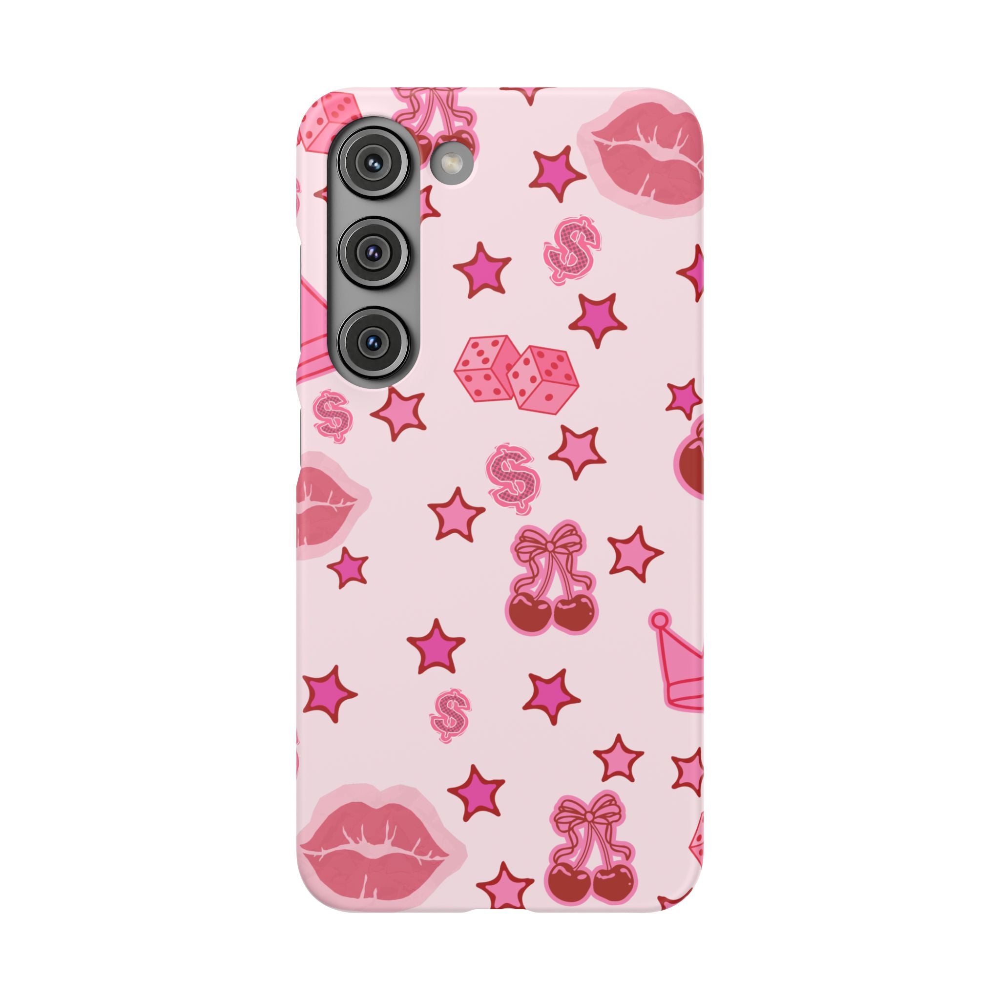 Pink Kawaii Icons Phone Case — Lip, Crown & Cherry Pattern Snap Case