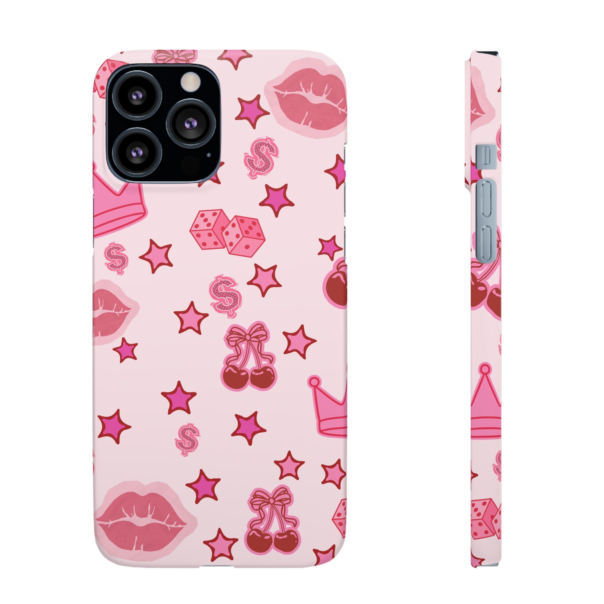 Pink Kawaii Icons Phone Case — Lip, Crown & Cherry Pattern Snap Case