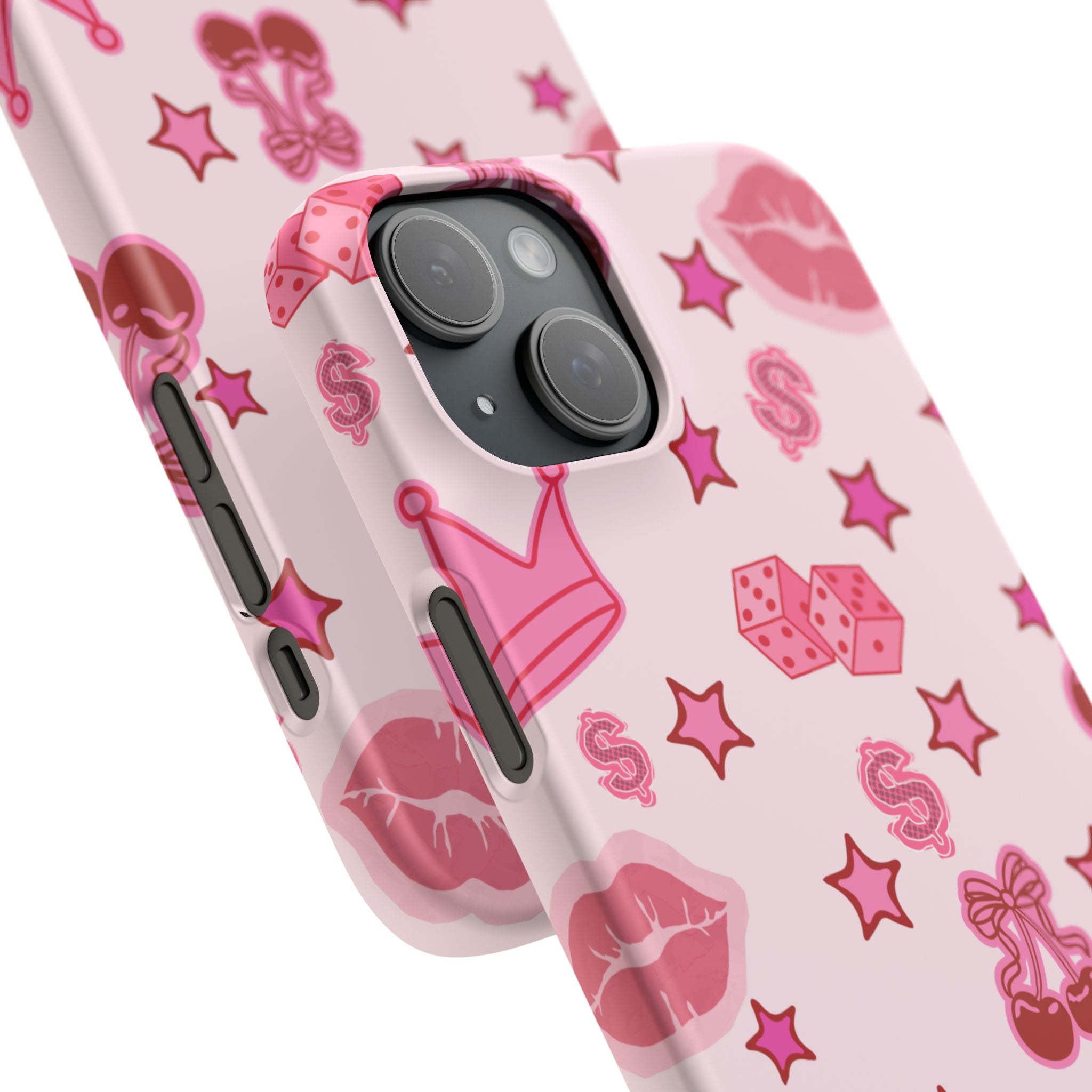 Pink Kawaii Icons Phone Case — Lip, Crown & Cherry Pattern Snap Case