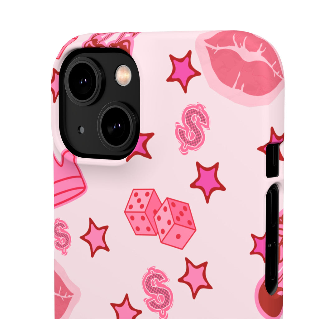Pink Kawaii Icons Phone Case — Lip, Crown & Cherry Pattern Snap Case