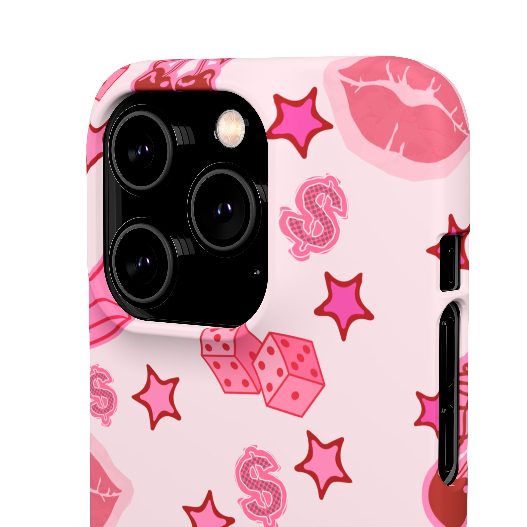 Pink Kawaii Icons Phone Case — Lip, Crown & Cherry Pattern Snap Case