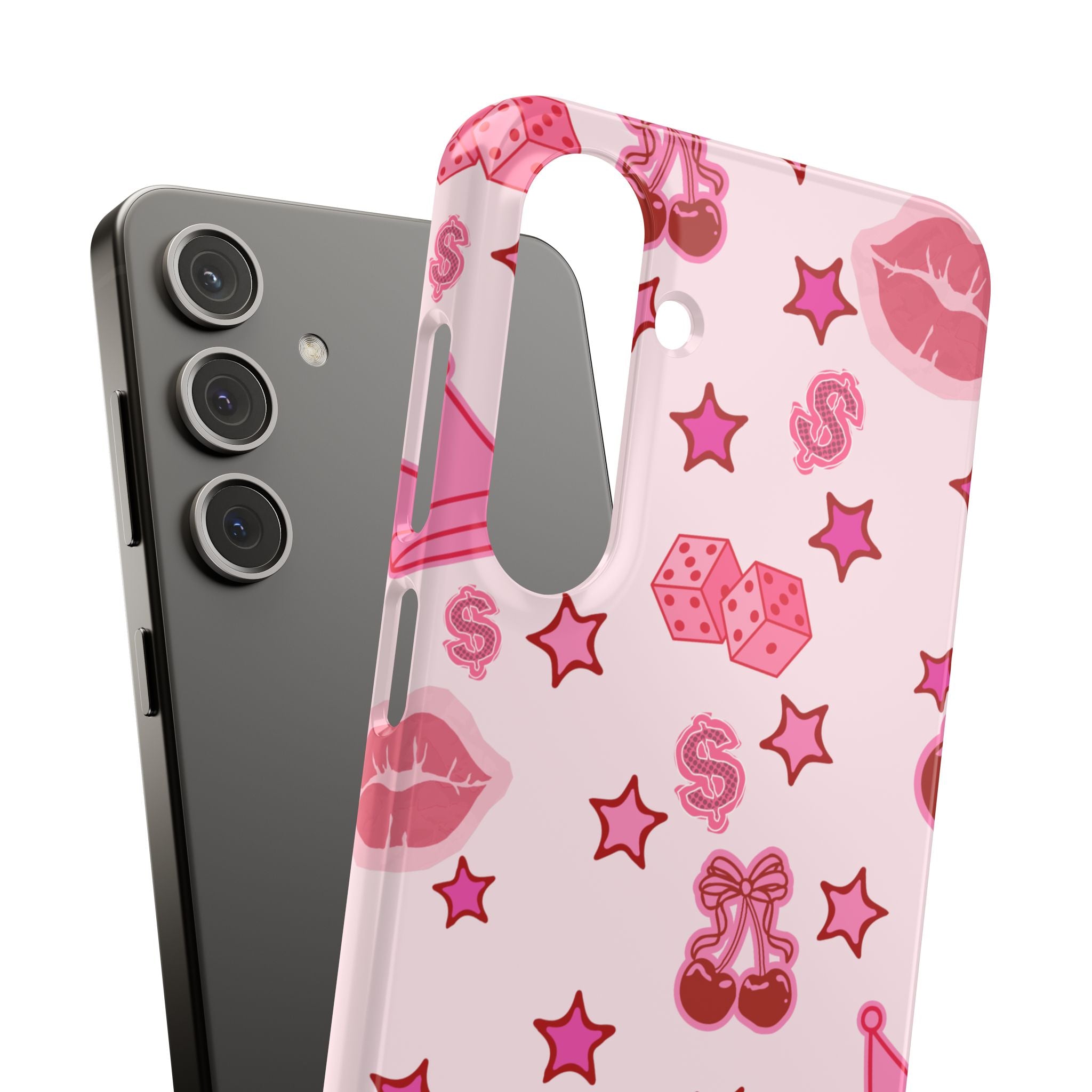 Pink Kawaii Icons Phone Case — Lip, Crown & Cherry Pattern Snap Case