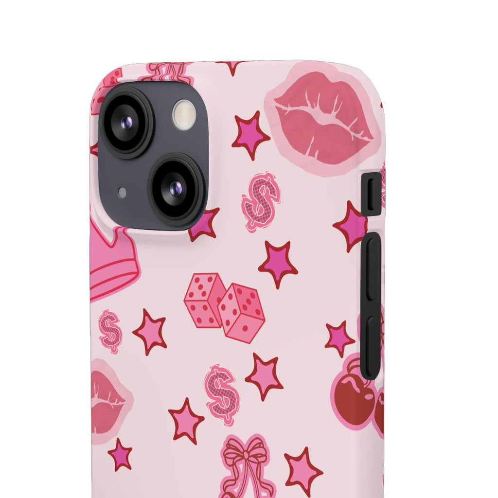 Pink Kawaii Icons Phone Case — Lip, Crown & Cherry Pattern Snap Case