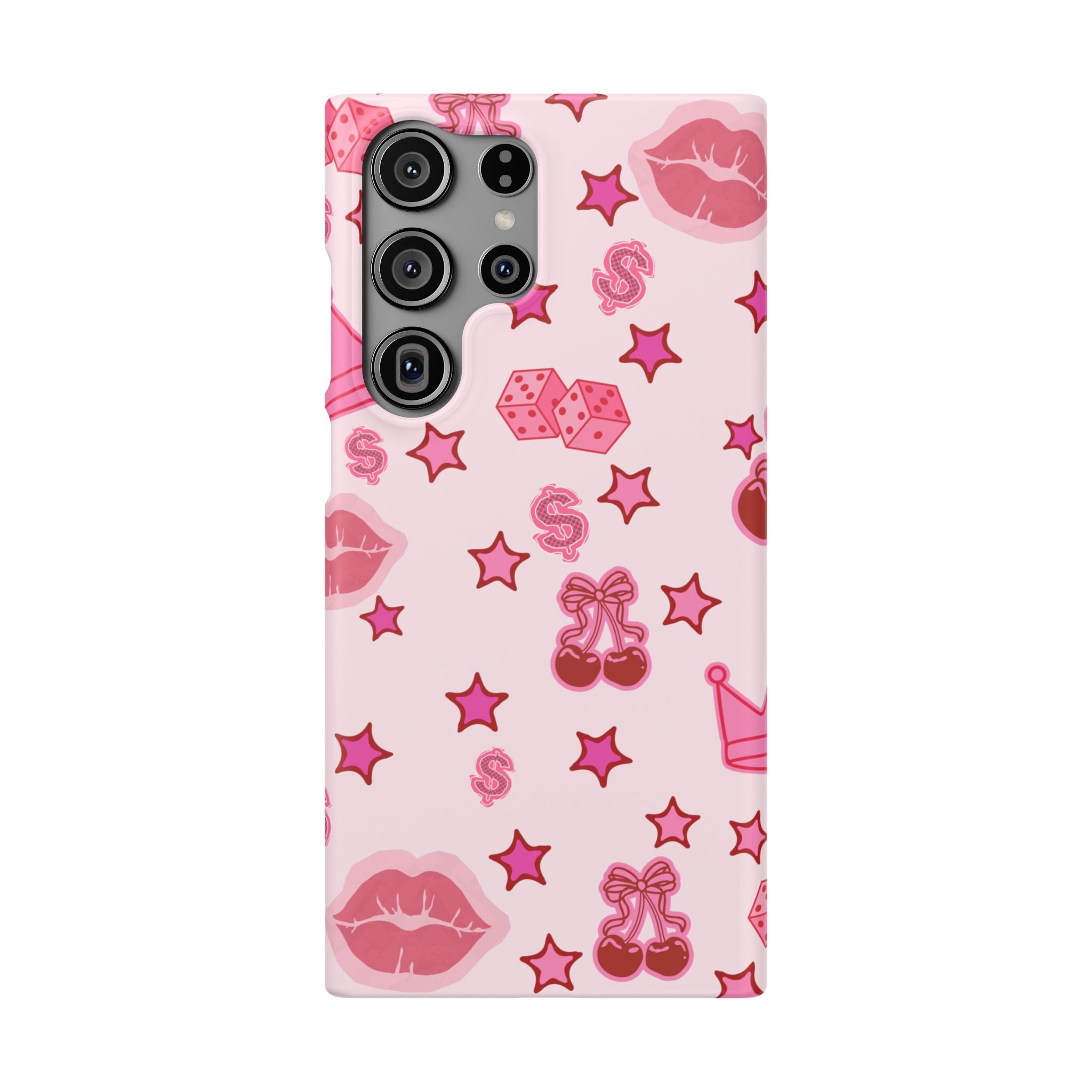 Pink Kawaii Icons Phone Case — Lip, Crown & Cherry Pattern Snap Case