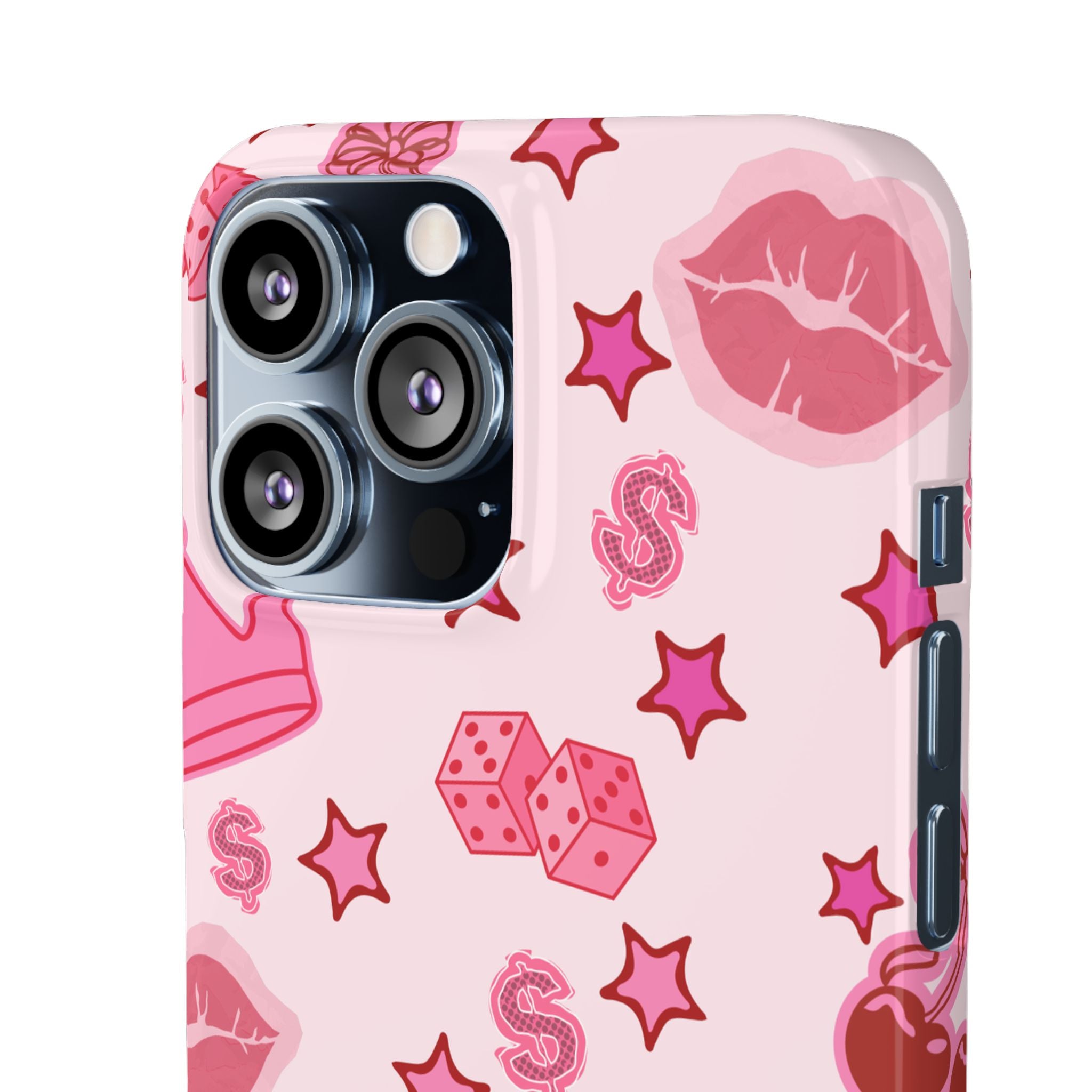 Pink Kawaii Icons Phone Case — Lip, Crown & Cherry Pattern Snap Case