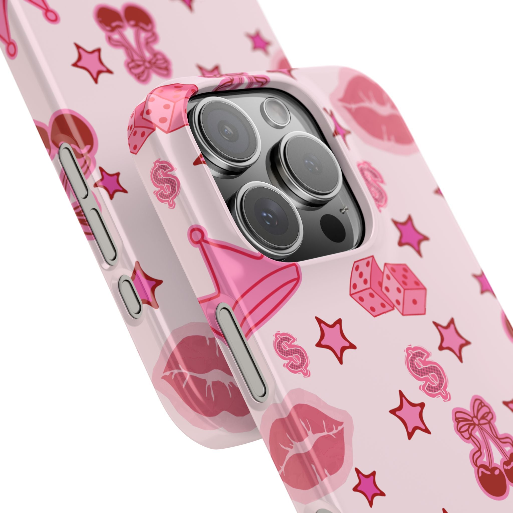 Pink Kawaii Icons Phone Case — Lip, Crown & Cherry Pattern Snap Case