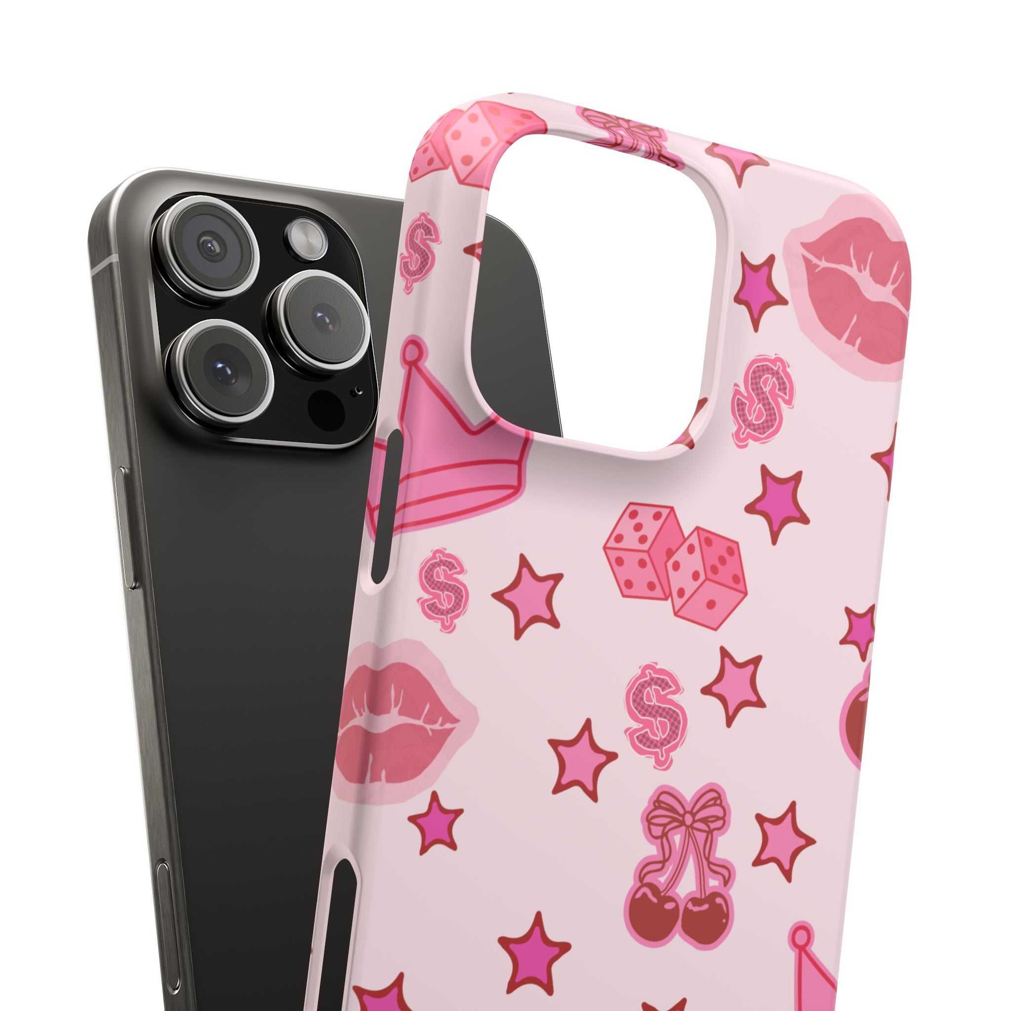 Pink Kawaii Icons Phone Case — Lip, Crown & Cherry Pattern Snap Case