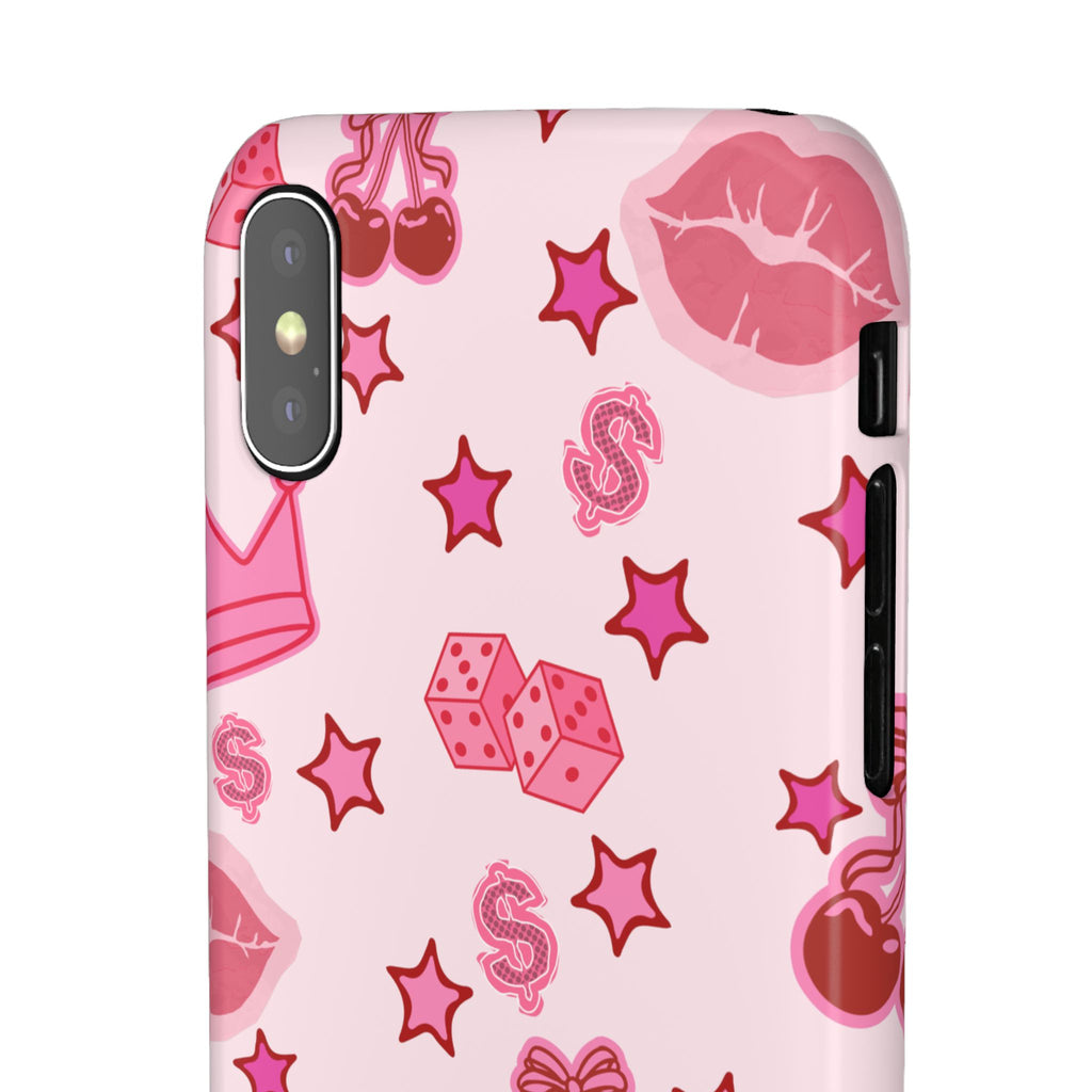 Pink Kawaii Icons Phone Case — Lip, Crown & Cherry Pattern Snap Case