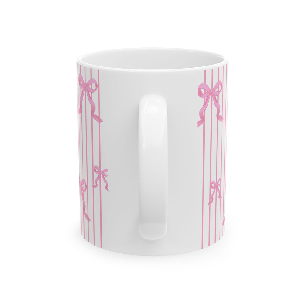 Pink Bow Stripe Ceramic Mug, Cute Coffee Cup (11oz & 15oz)