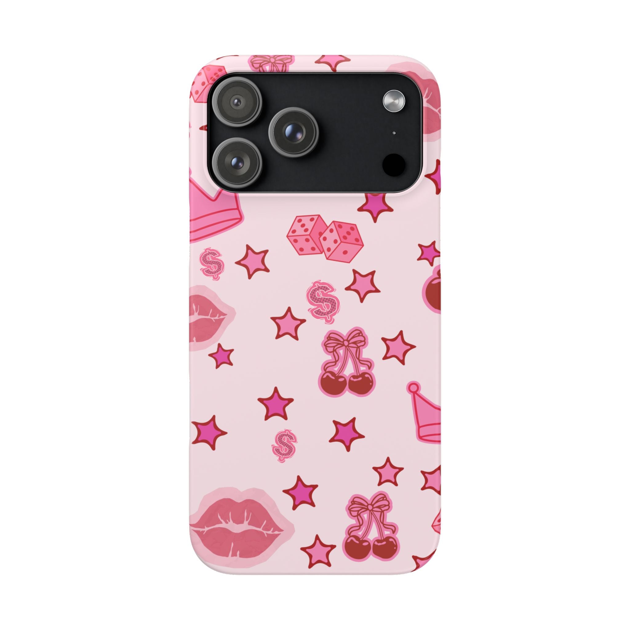 Pink Kawaii Icons Phone Case — Lip, Crown & Cherry Pattern Snap Case