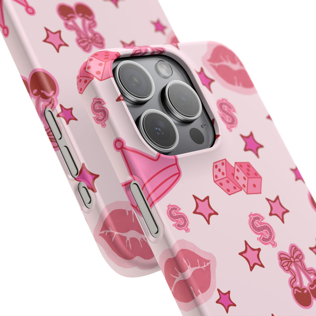Pink Kawaii Icons Phone Case — Lip, Crown & Cherry Pattern Snap Case