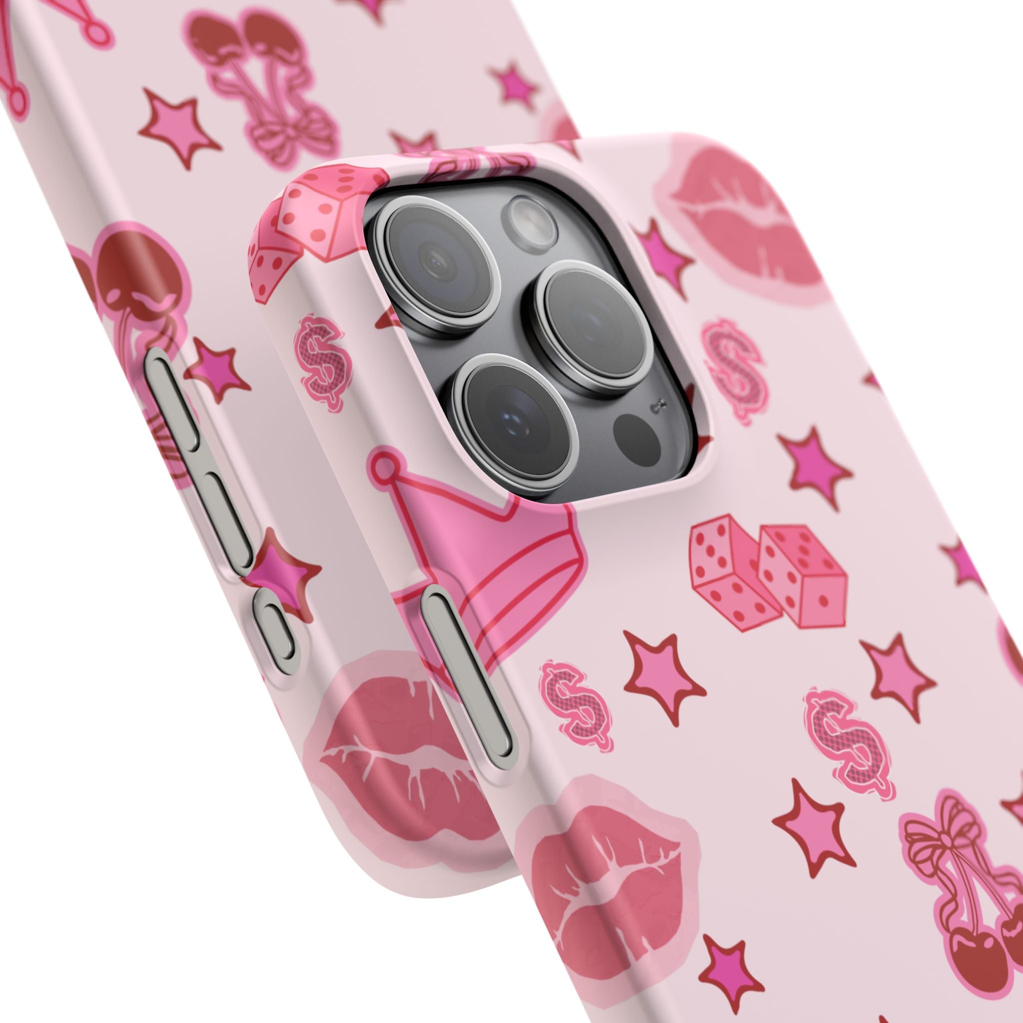 Pink Kawaii Icons Phone Case — Lip, Crown & Cherry Pattern Snap Case
