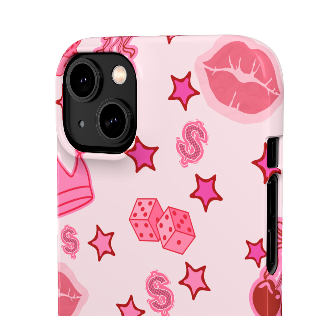 Pink Kawaii Icons Phone Case — Lip, Crown & Cherry Pattern Snap Case