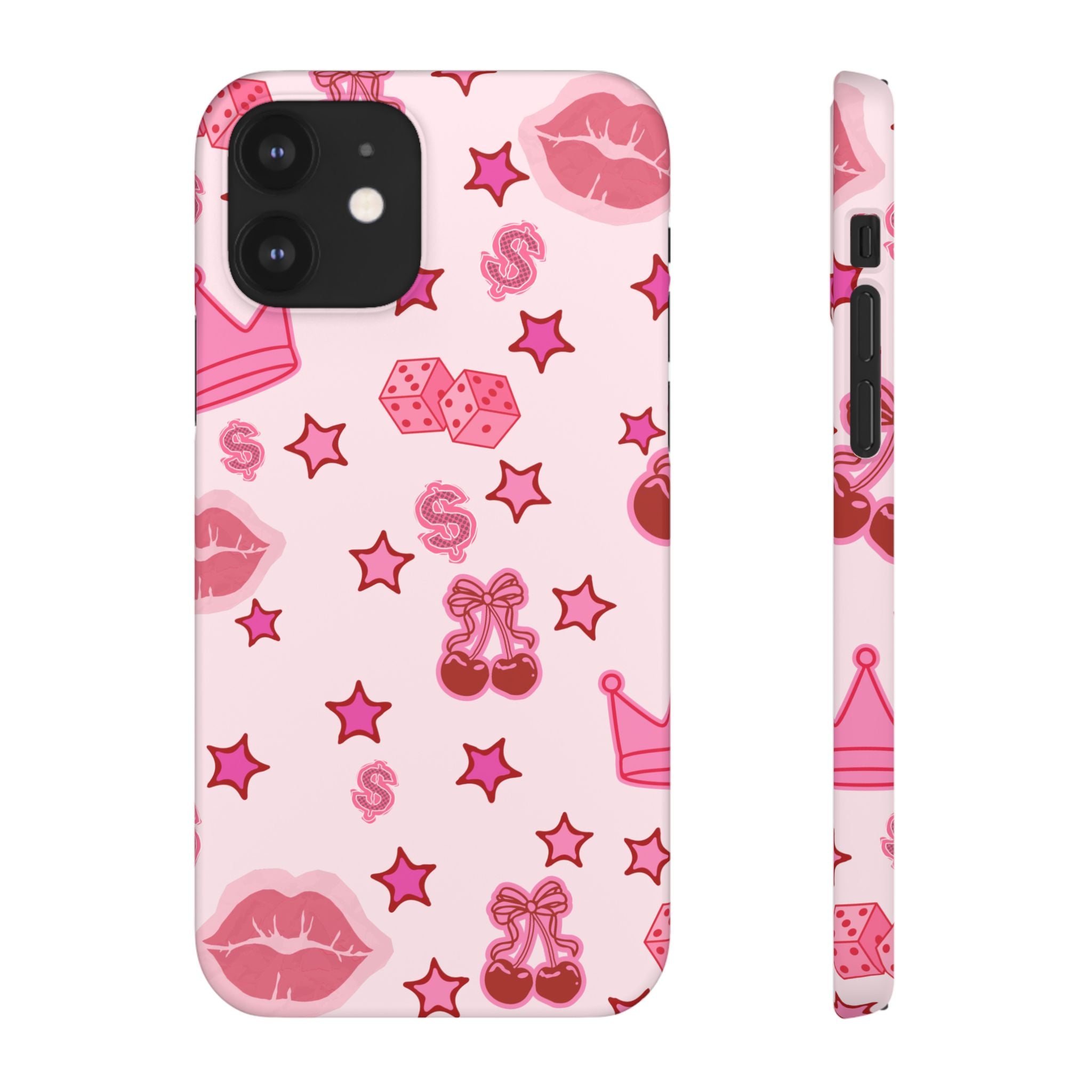 Pink Kawaii Icons Phone Case — Lip, Crown & Cherry Pattern Snap Case