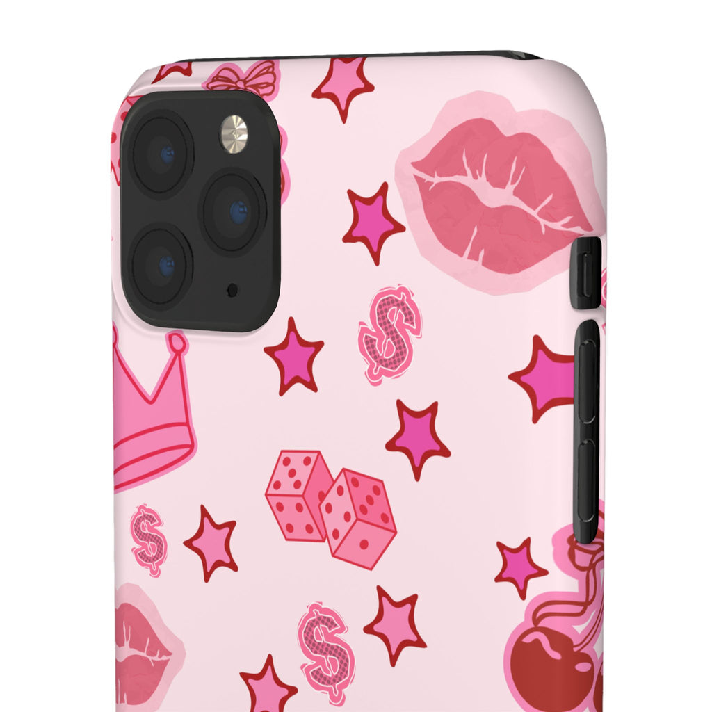 Pink Kawaii Icons Phone Case — Lip, Crown & Cherry Pattern Snap Case