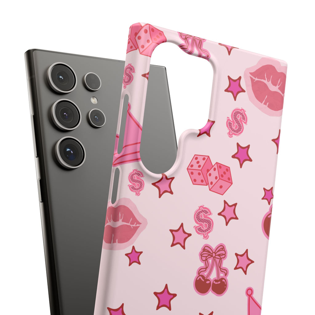 Pink Kawaii Icons Phone Case — Lip, Crown & Cherry Pattern Snap Case