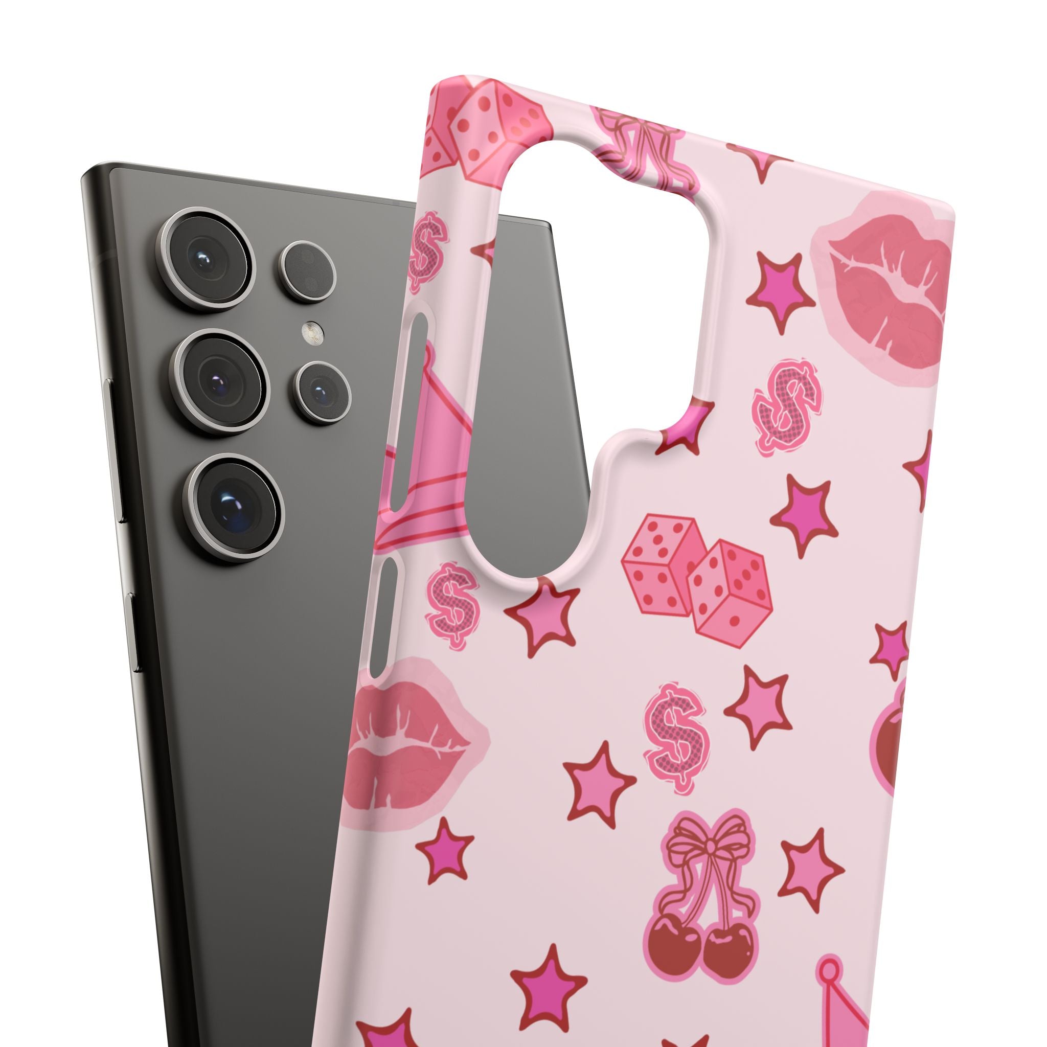 Pink Kawaii Icons Phone Case — Lip, Crown & Cherry Pattern Snap Case
