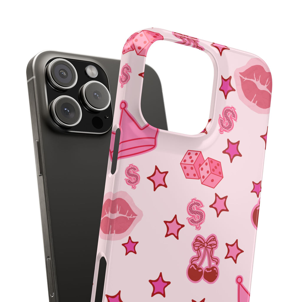 Pink Kawaii Icons Phone Case — Lip, Crown & Cherry Pattern Snap Case