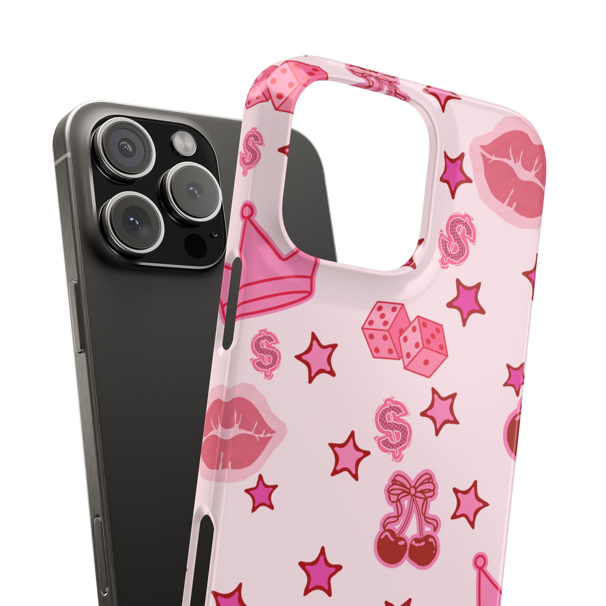 Pink Kawaii Icons Phone Case — Lip, Crown & Cherry Pattern Snap Case