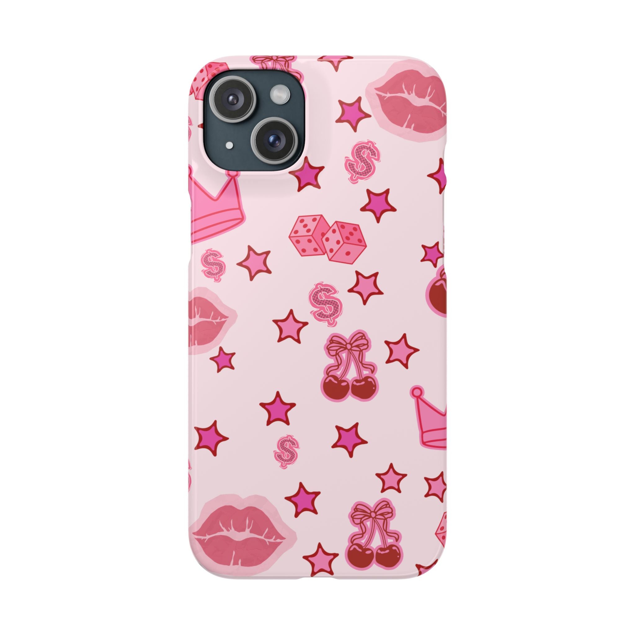 Pink Kawaii Icons Phone Case — Lip, Crown & Cherry Pattern Snap Case